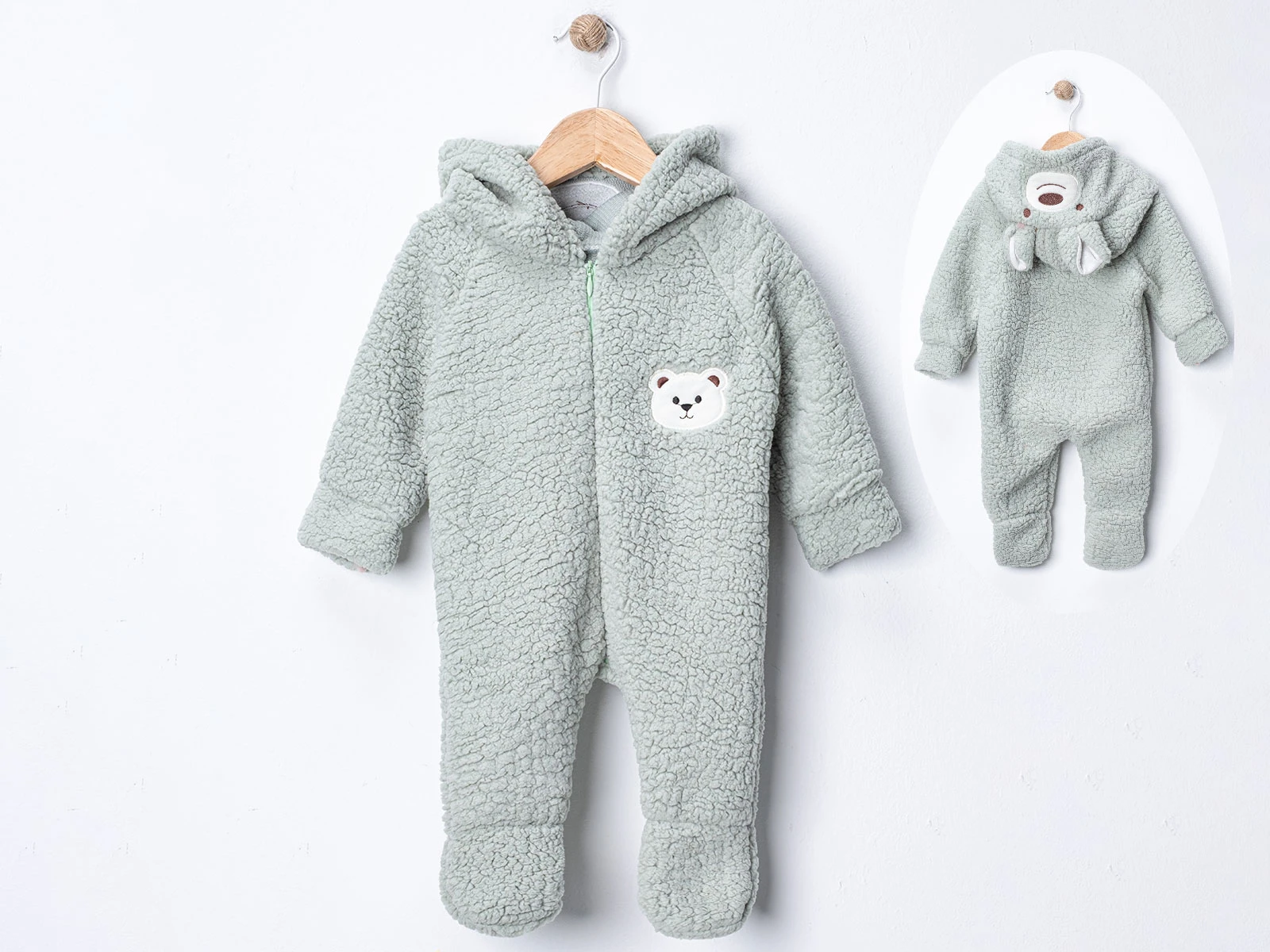 Toptan DENİTO Ayıcık Armalı Şapkalı Peluş Unisex Bebe Tulum Toptan Bebek Çocuk Giyim - Beniz Kids