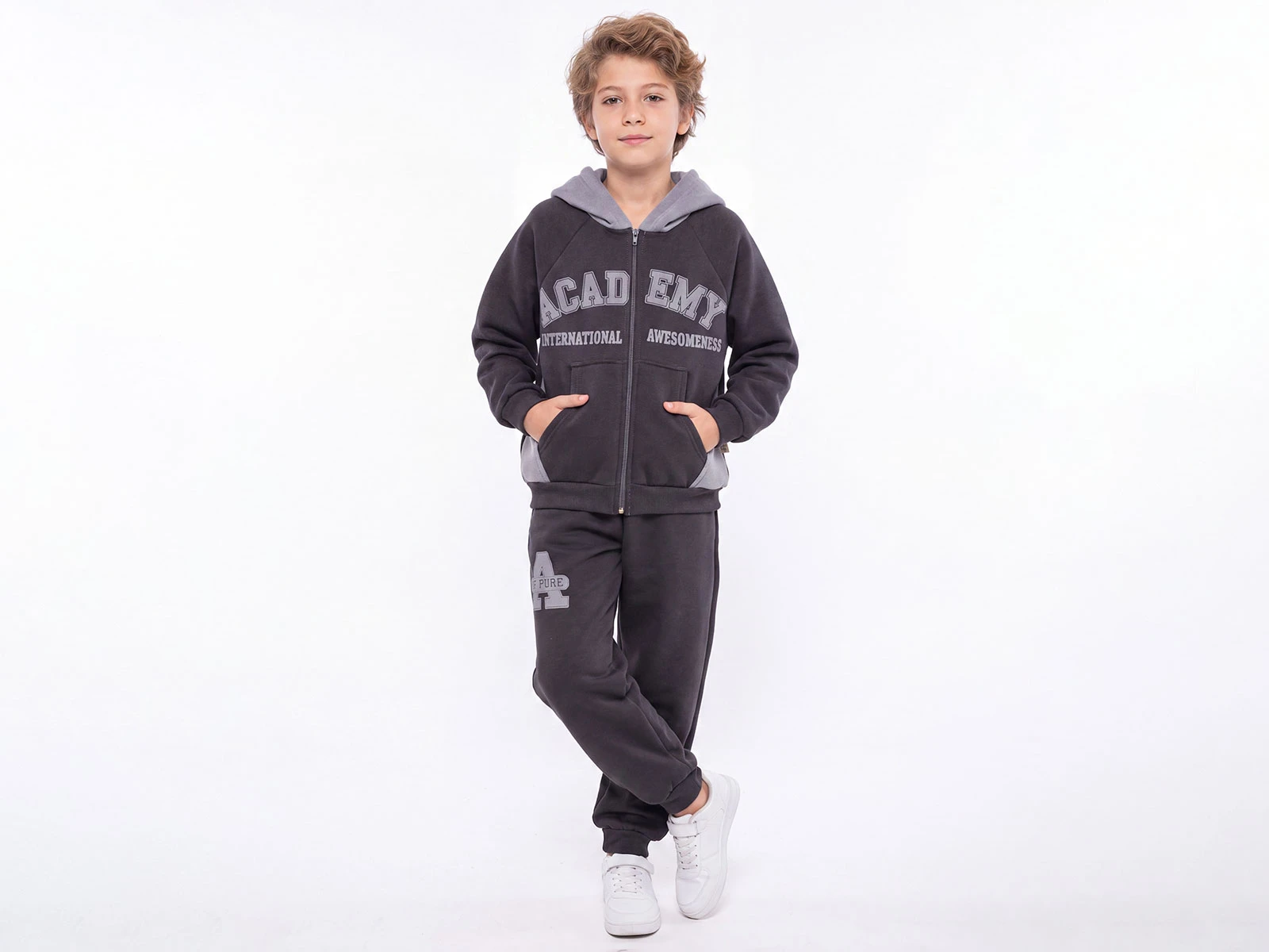 Toptan FEELY KİDS Academy Baskılı Cepli Kapşonlu 3 İp Şardonlu Erkek Takım  Toptan Bebek Çocuk Giyim - Beniz Kids