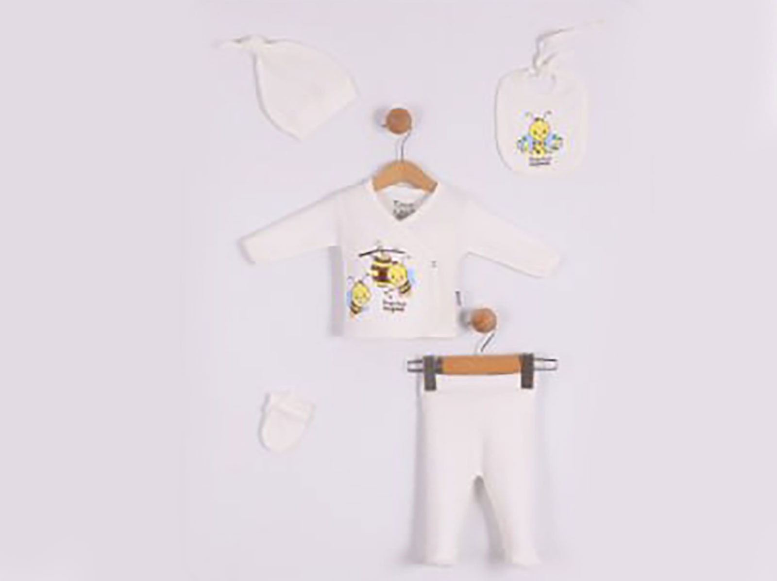 Arı Baskılı 5li Unisex Hastane Çıkışı Zıbın Seti