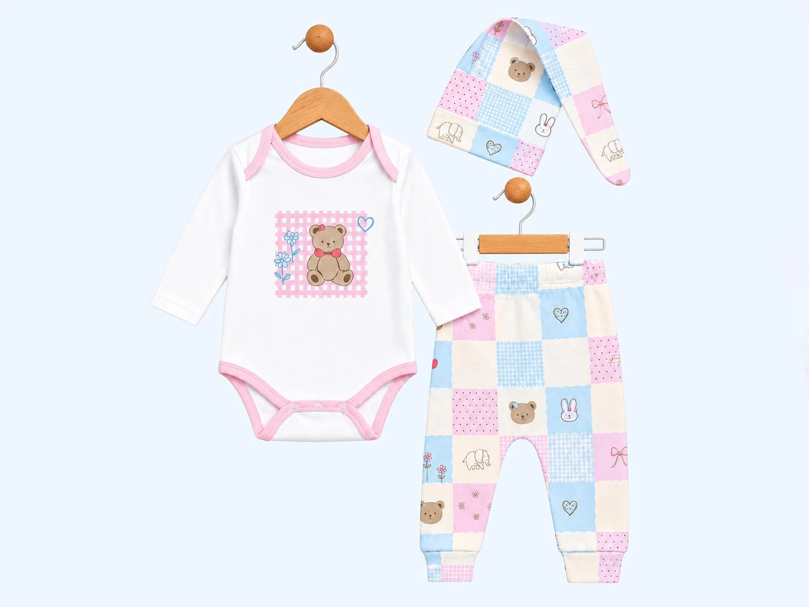 Toptan SÜPERMİNİ Ayı Baskılı 3'lü Kız Bebek Takım Toptan Bebek Çocuk Giyim - Beniz Kids