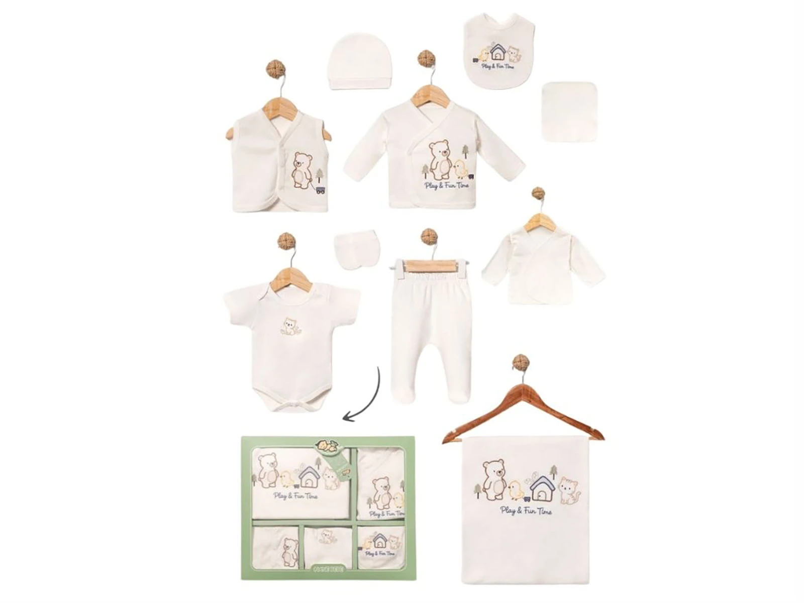 Toptan BABY ZUHU Ayı Kuş Detay 10'lu Hastane Çıkışı Erkek Bebek Zıbın Set Toptan Bebek Çocuk Giyim - Beniz Kids