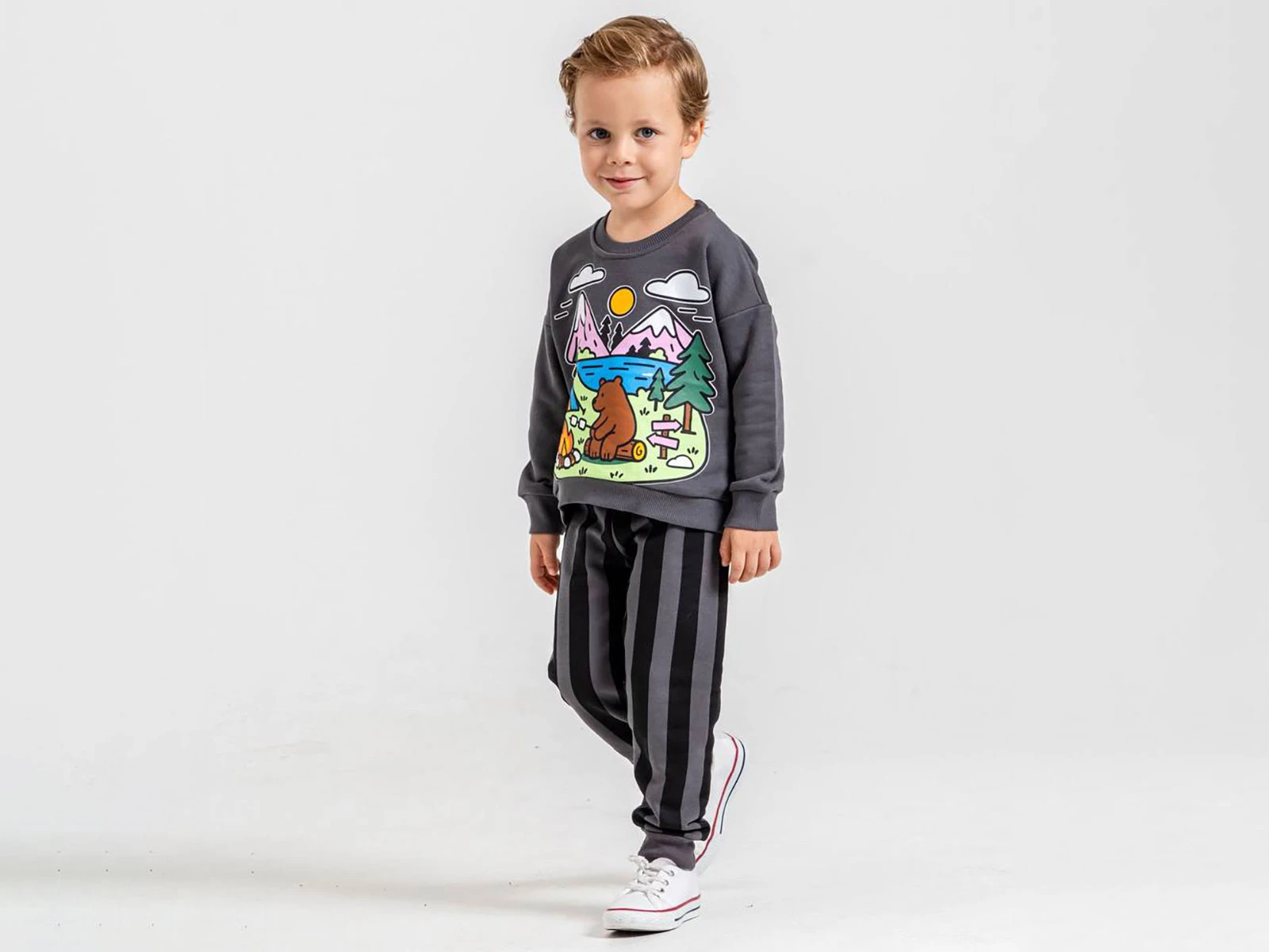 Toptan HARBY Ayıcık Baskılı 3 İp Şardonsuz Erkek Takım  Toptan Bebek Çocuk Giyim - Beniz Kids