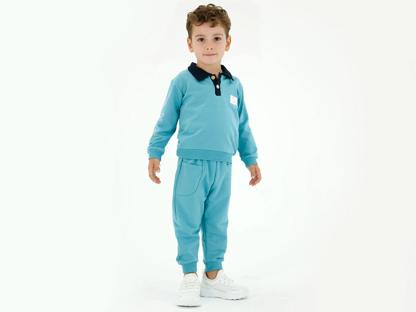 Toptan BICIR KİDS Ayıcık Baskılı Armalı Yakalı Erkek Takım Toptan Bebek Çocuk Giyim - Beniz Kids
