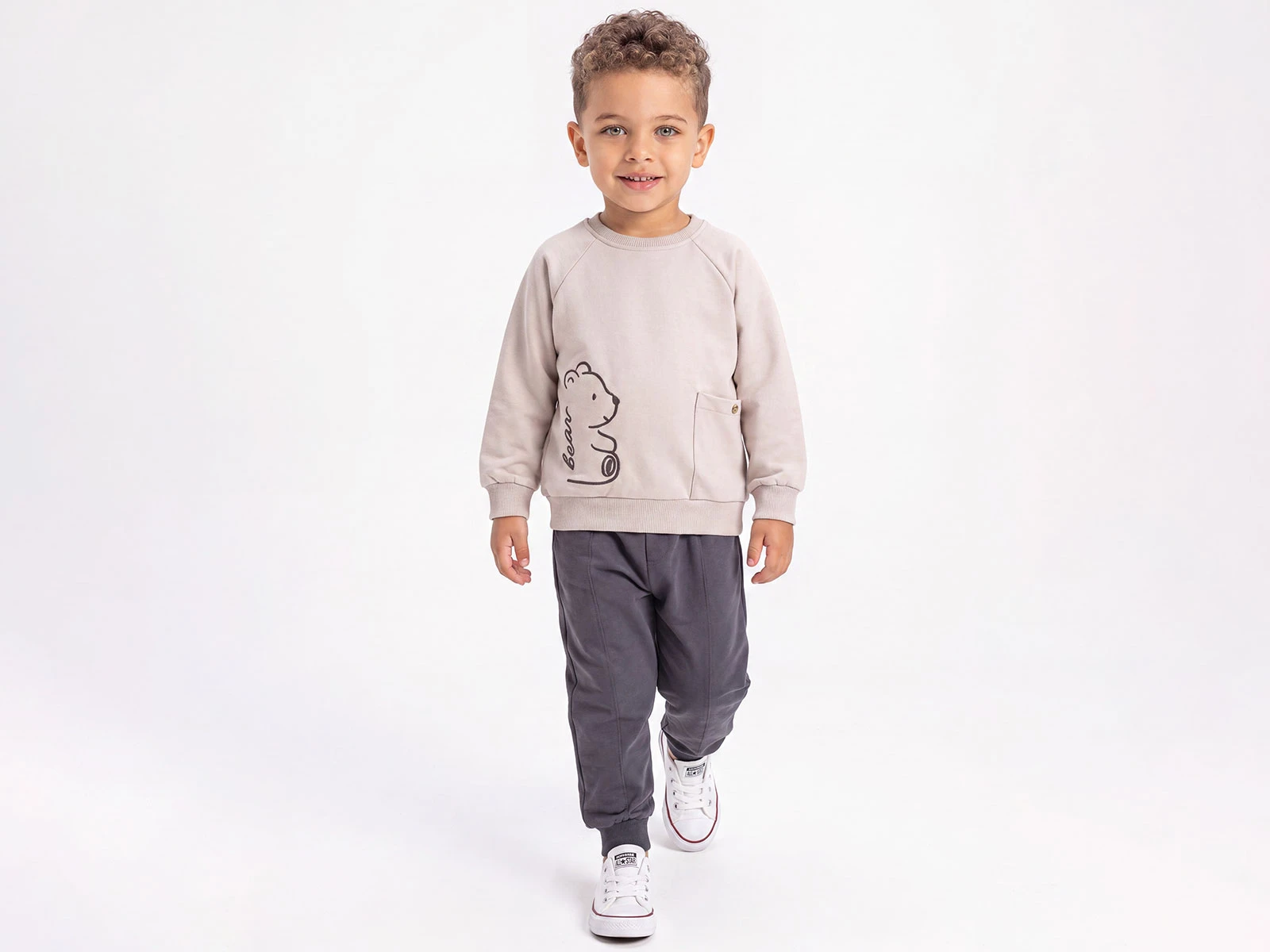 Toptan EMOJİ Ayıcık Baskılı Cepli Erkek Takım  Toptan Bebek Çocuk Giyim - Beniz Kids