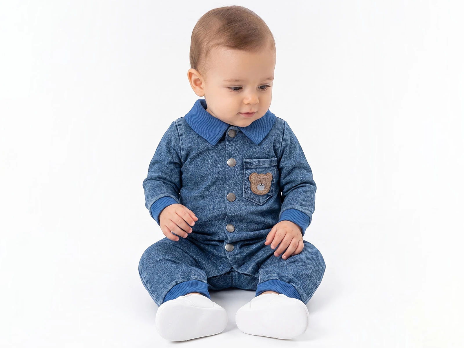 Toptan BAM-BİNO Ayıcık Baskılı Cepli Yakalı Erkek Bebe Tulum  Toptan Bebek Çocuk Giyim - Beniz Kids