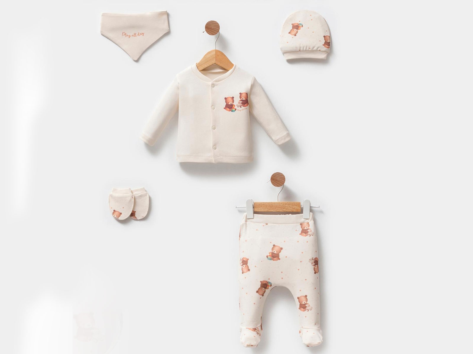 Ayıcık Baskılı Erkek Bebe 5li Set