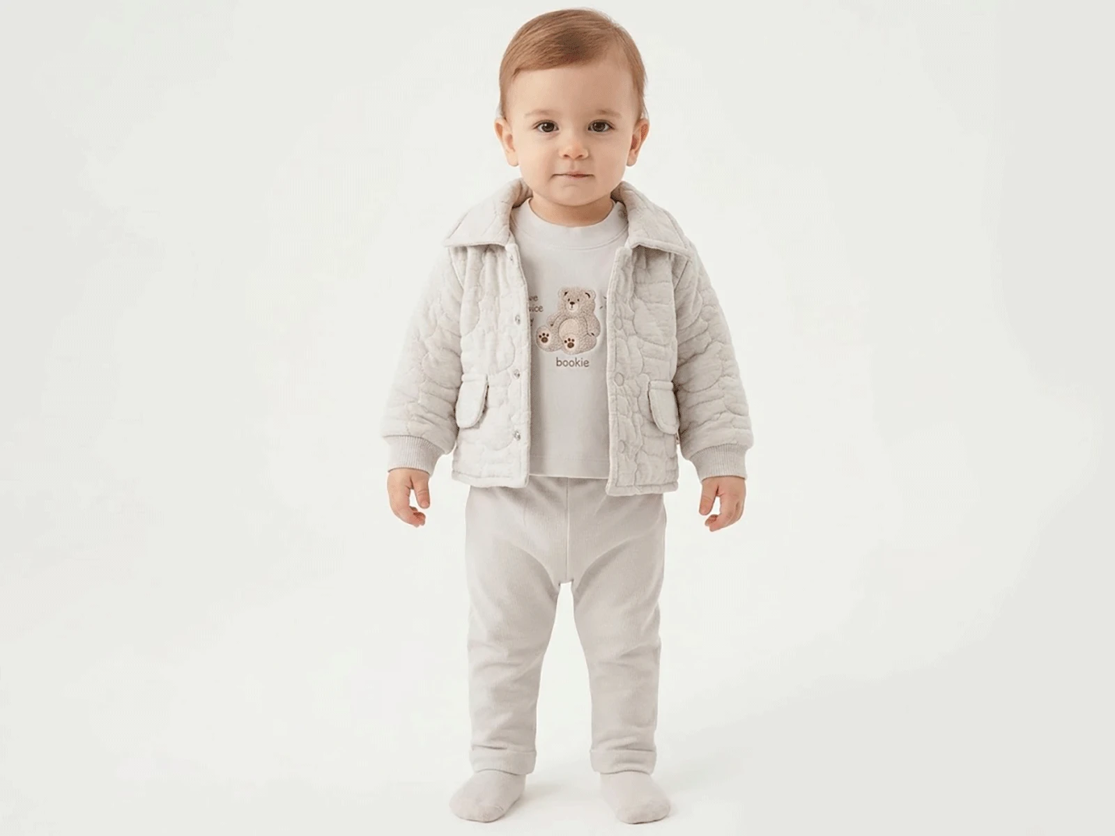 Ayıcık Baskılı Hırkalı Unisex Bebe Takım