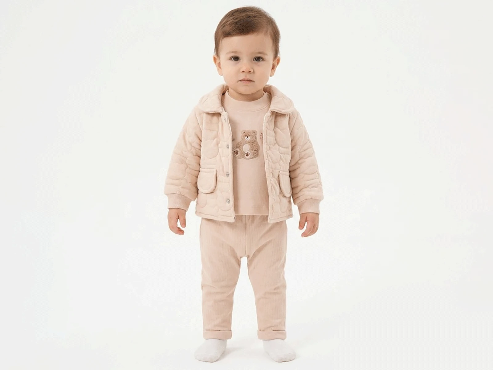 Ayıcık Baskılı Hırkalı Unisex Bebe Takım
