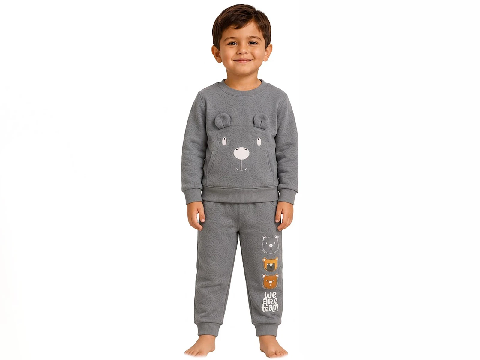 Toptan BİTTOŞ KİDS Ayıcık Baskılı Kanguru Cepli 3 İp Şardonlu Erkek Takım  Toptan Bebek Çocuk Giyim - Beniz Kids