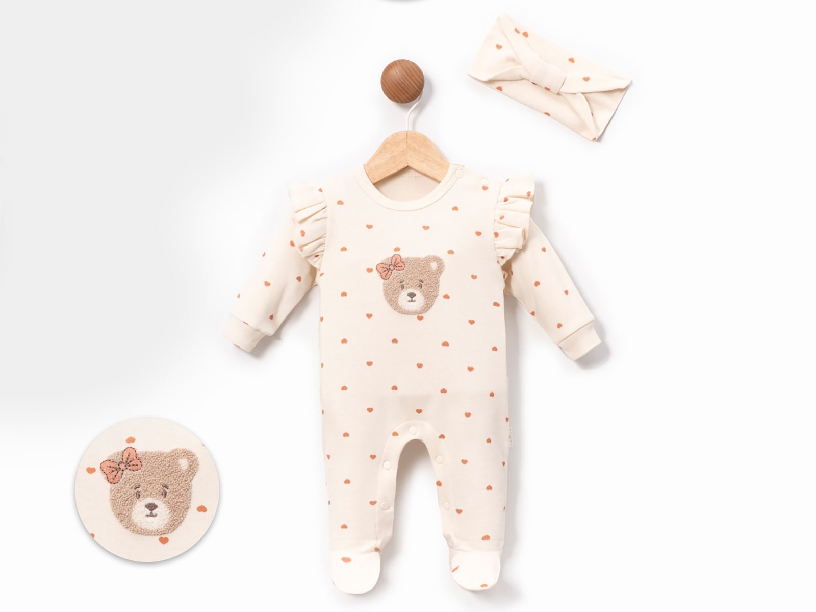 Ayıcık Baskılı Kız Bebe Tulum