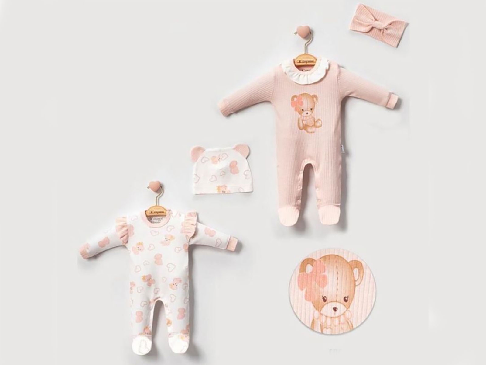 Ayıcık Baskılı Kız Bebe Tulum Set