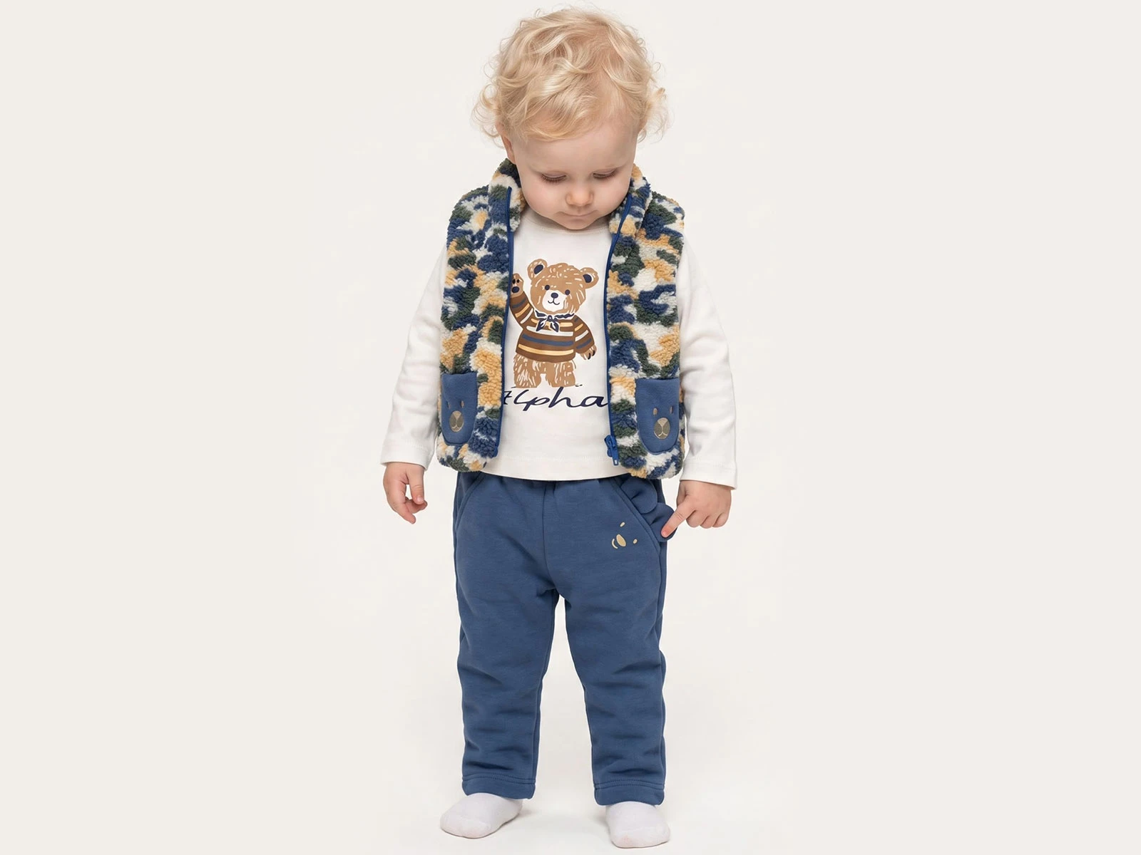 Toptan ELCİ BABY Ayıcık Baskılı Peluş Yelekli Erkek Bebe Üçlü Takım  Toptan Bebek Çocuk Giyim - Beniz Kids