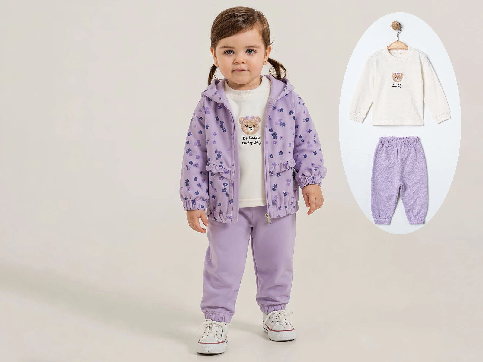 Toptan ÇITIR KİDS Ayıcık Baskılı Şapkalı Hırkalı Kız Bebe Üçlü Takım  Toptan Bebek Çocuk Giyim - Beniz Kids