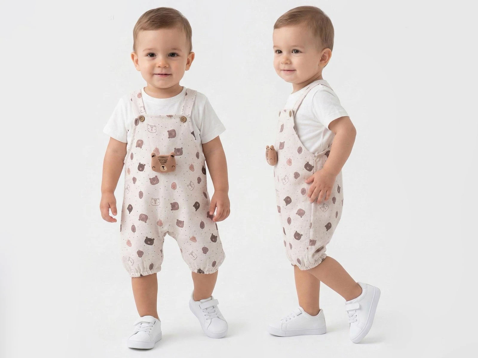 Ayıcık Desenli Bebe İkili Salopet Set