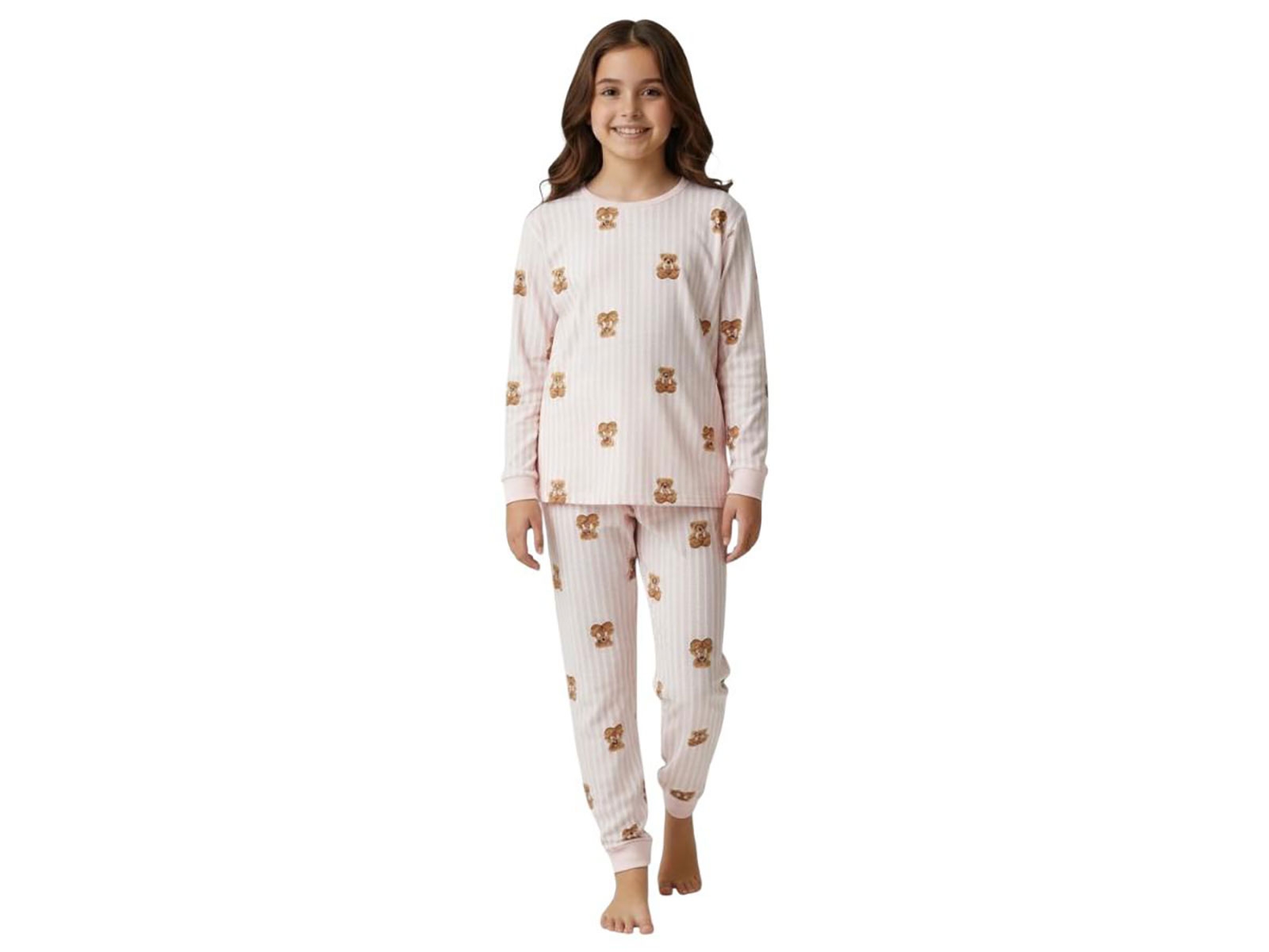 Ayıcık Desenli Çizgili Kız Pijama Takım