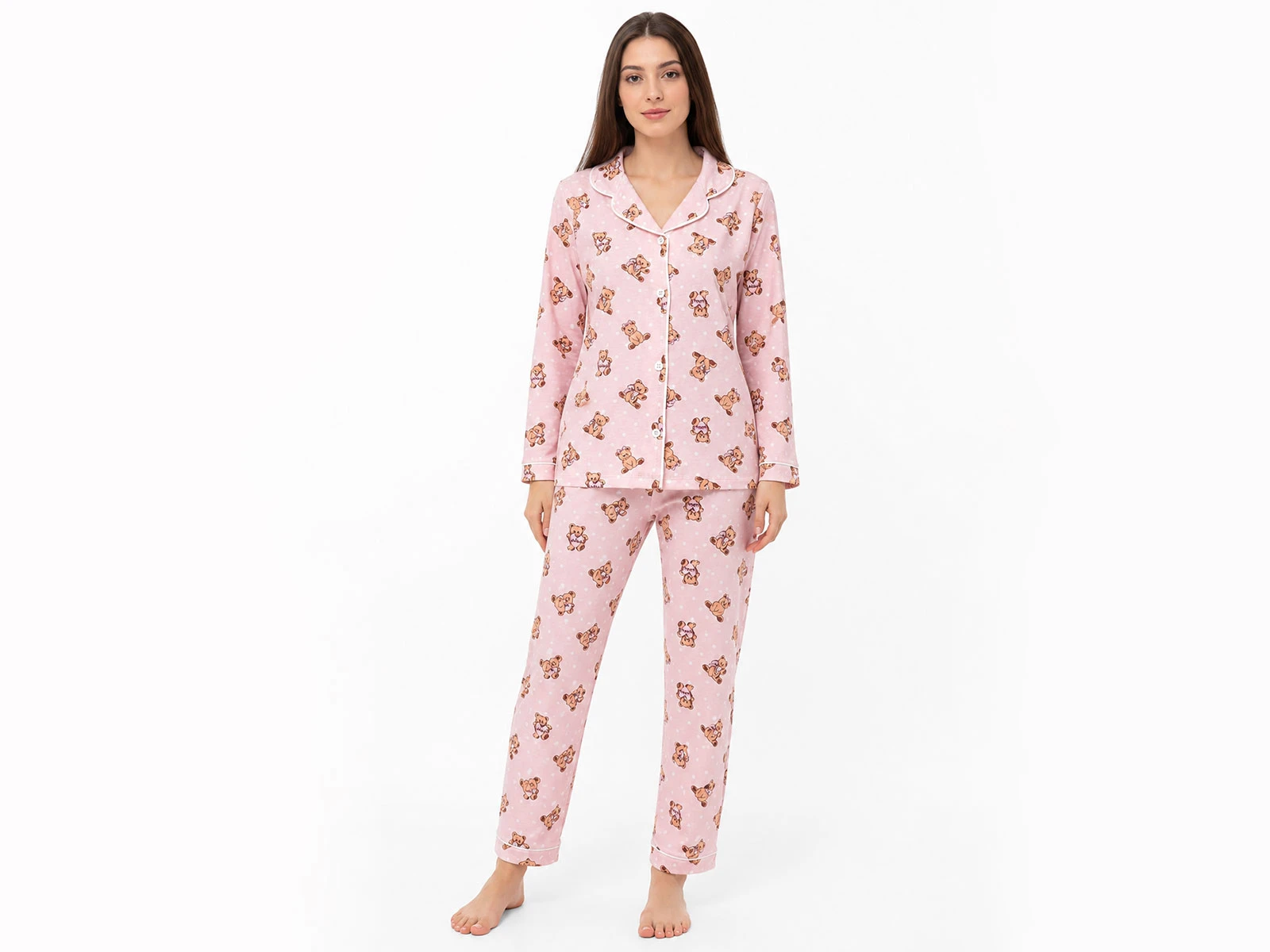 Toptan DOLAŞ Ayıcık Desenli Düğmeli Yetişkin Beden Pijama Takım  Toptan Bebek Çocuk Giyim - Beniz Kids