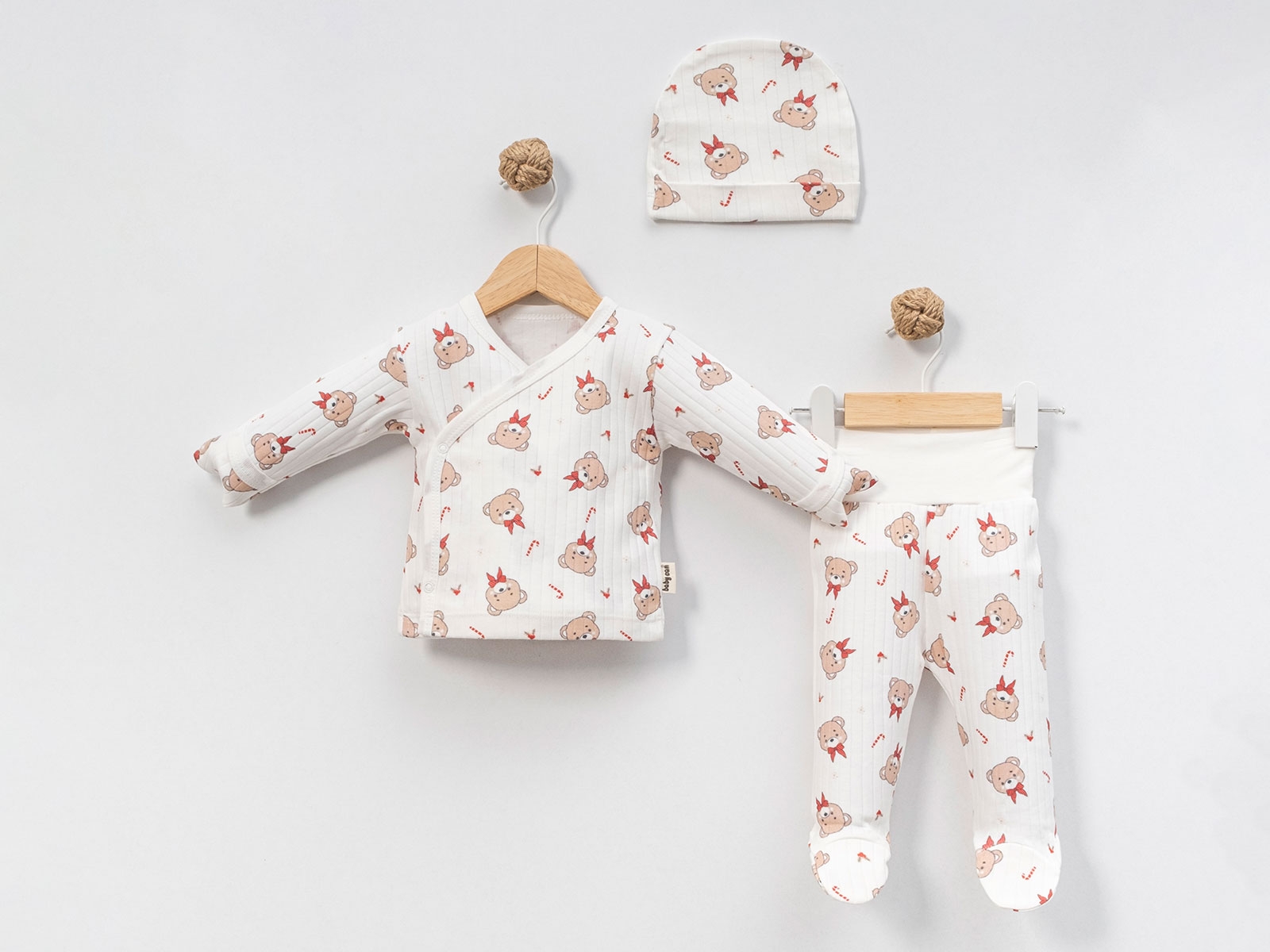 Ayıcık Desenli Erkek Bebe 3lü Zıbın Set