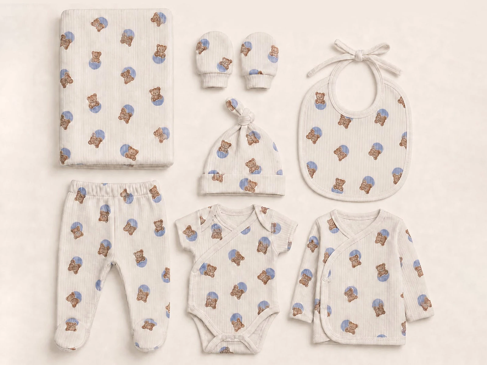 Toptan KAYRA Ayıcık Desenli Erkek Bebe Hastane Çıkışı 7'li Set Toptan Bebek Çocuk Giyim - Beniz Kids