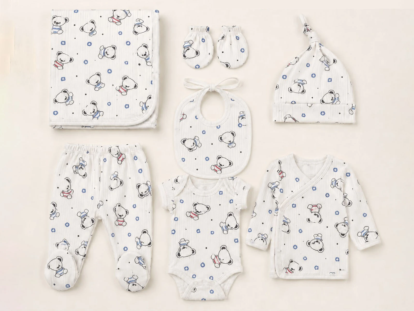 Toptan KAYRA Ayıcık Desenli Erkek Bebe Hastane Çıkışı 7'li Set Toptan Bebek Çocuk Giyim - Beniz Kids