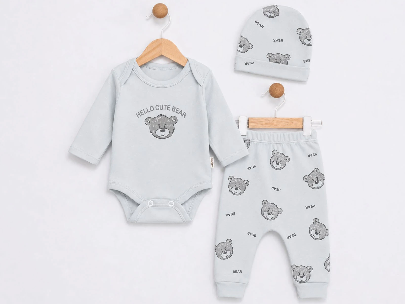 Toptan SÜPERMİNİ  Ayıcık Desenli Erkek Bebe Üçlü Takım  Toptan Bebek Çocuk Giyim - Beniz Kids