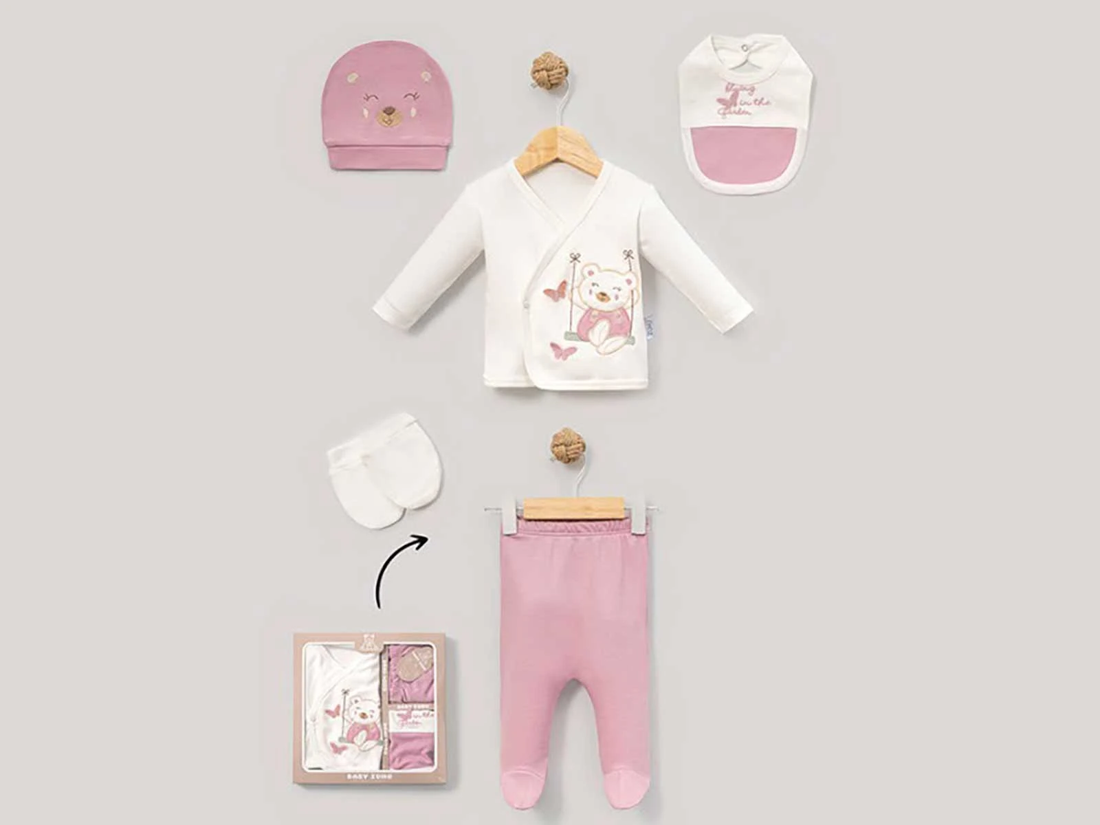 Ayıcık Desenli Kız Bebe 5'li Set 