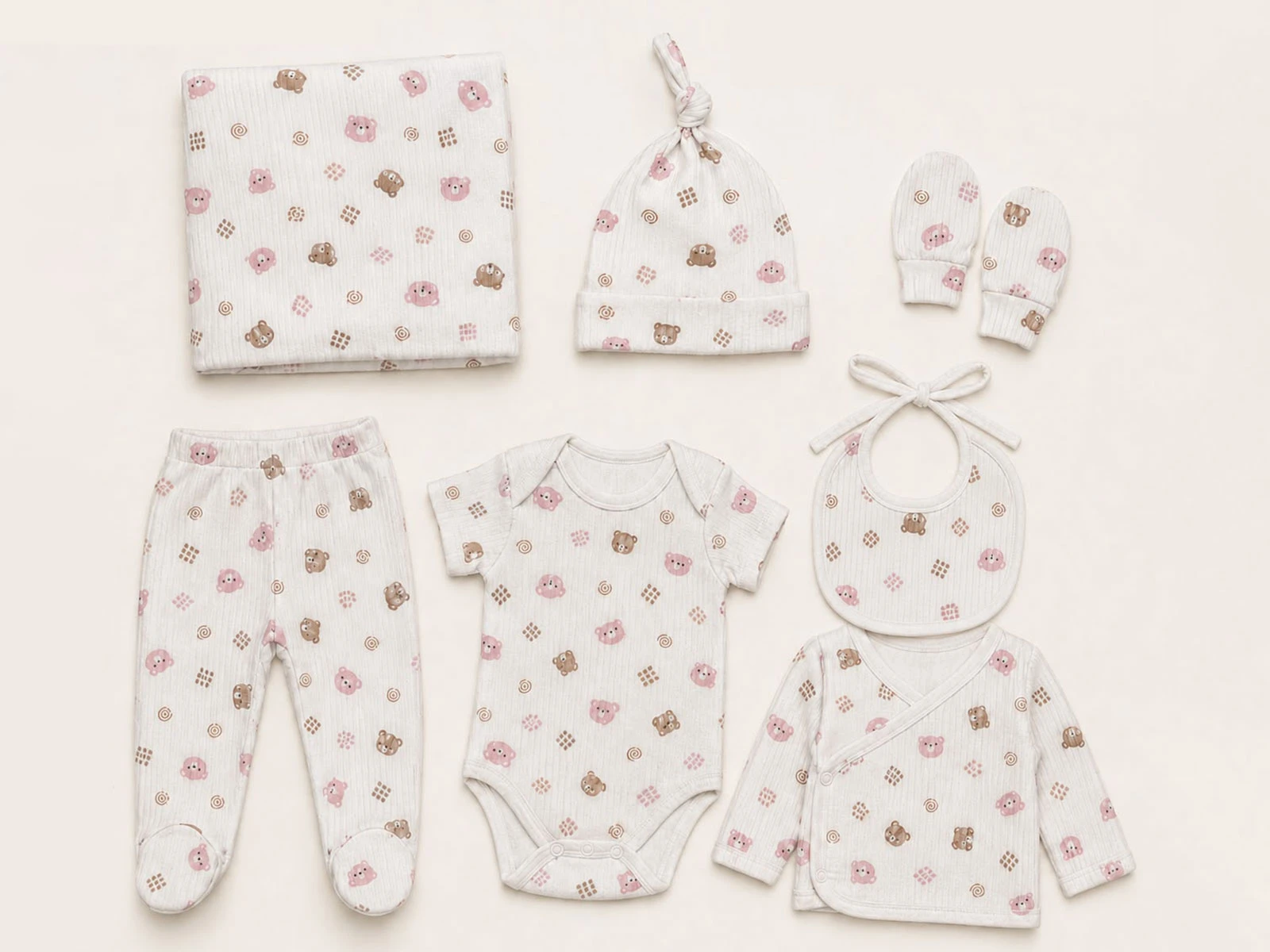 Toptan KAYRA Ayıcık Desenli Kız Bebe Hastane Çıkışı 7'li Zıbın Set  Toptan Bebek Çocuk Giyim - Beniz Kids