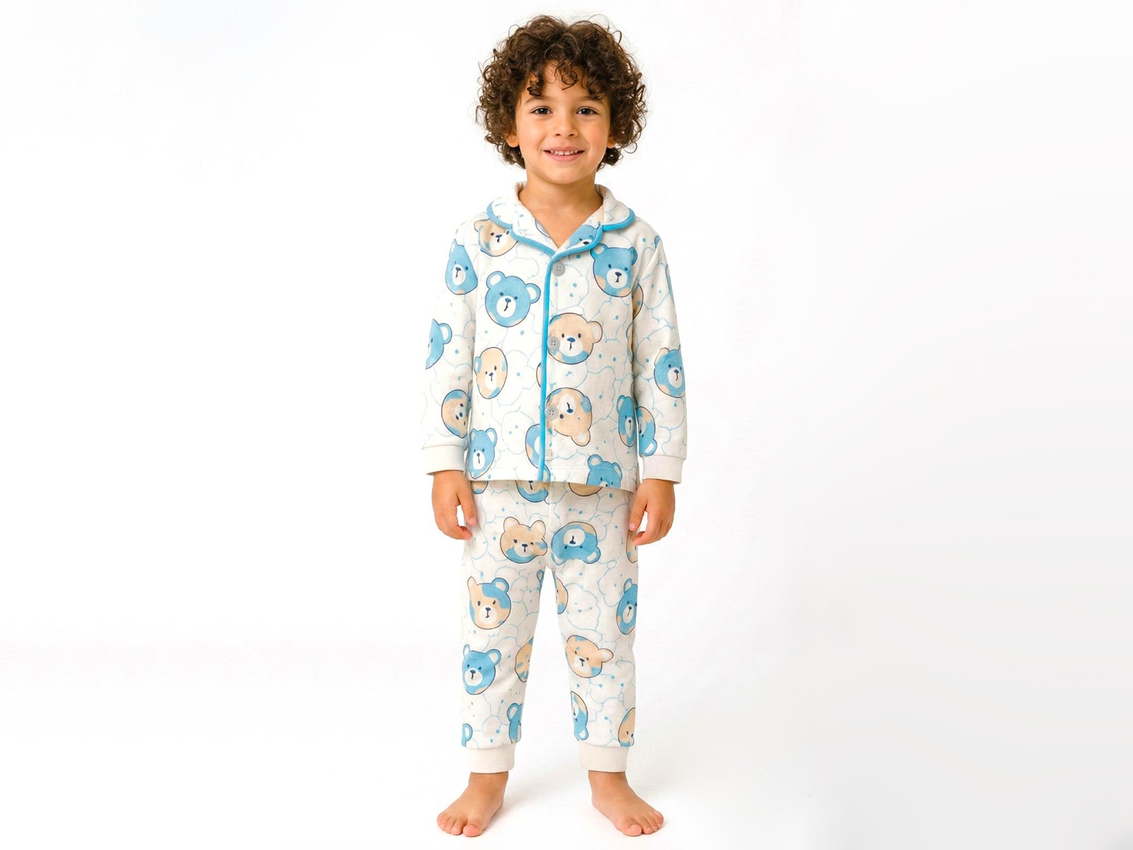 Ayıcık Desenli Yakalı Düğmeli Erkek Pijama Takım