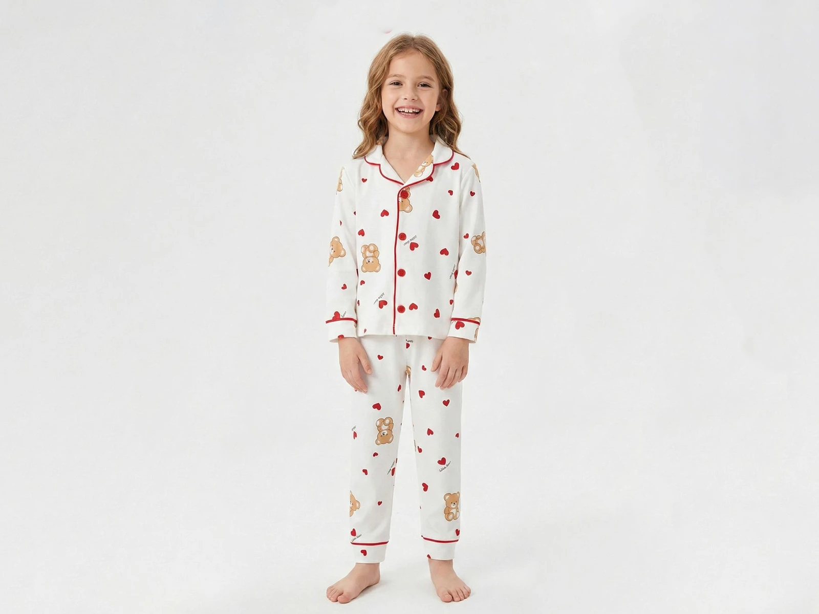 Ayıcık Desenli Yakalı Düğmeli Kız Pijama Takım