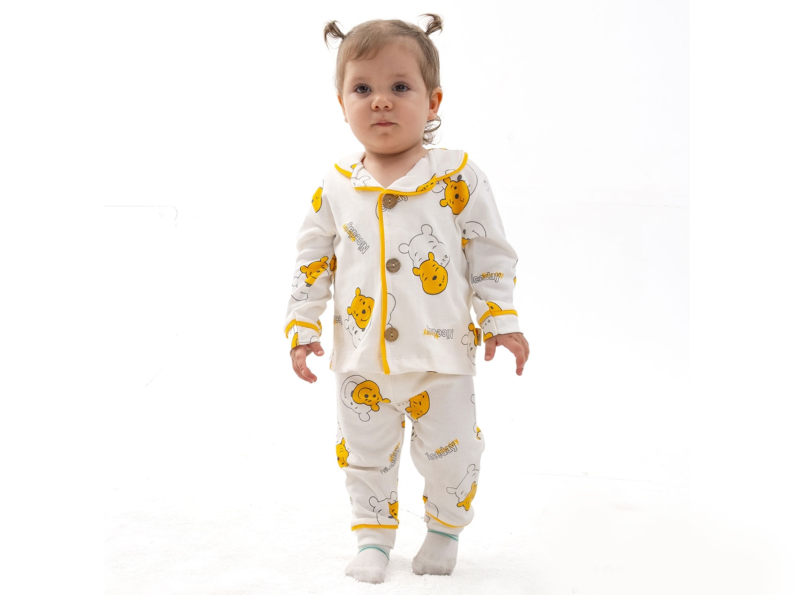 Ayıcık Desenli Yakalı Düğmeli Unisex Takım