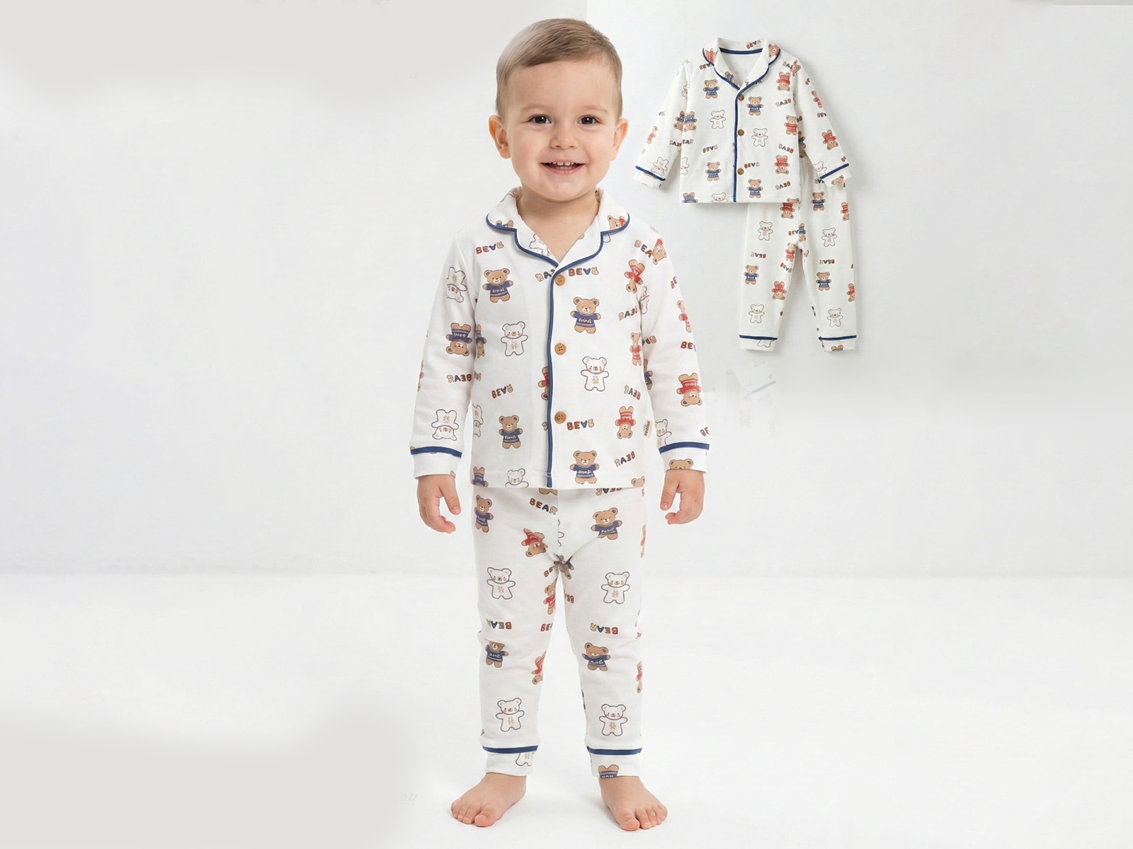 Ayıcık Desenli Yakalı Erkek Bebe Pijama Takım