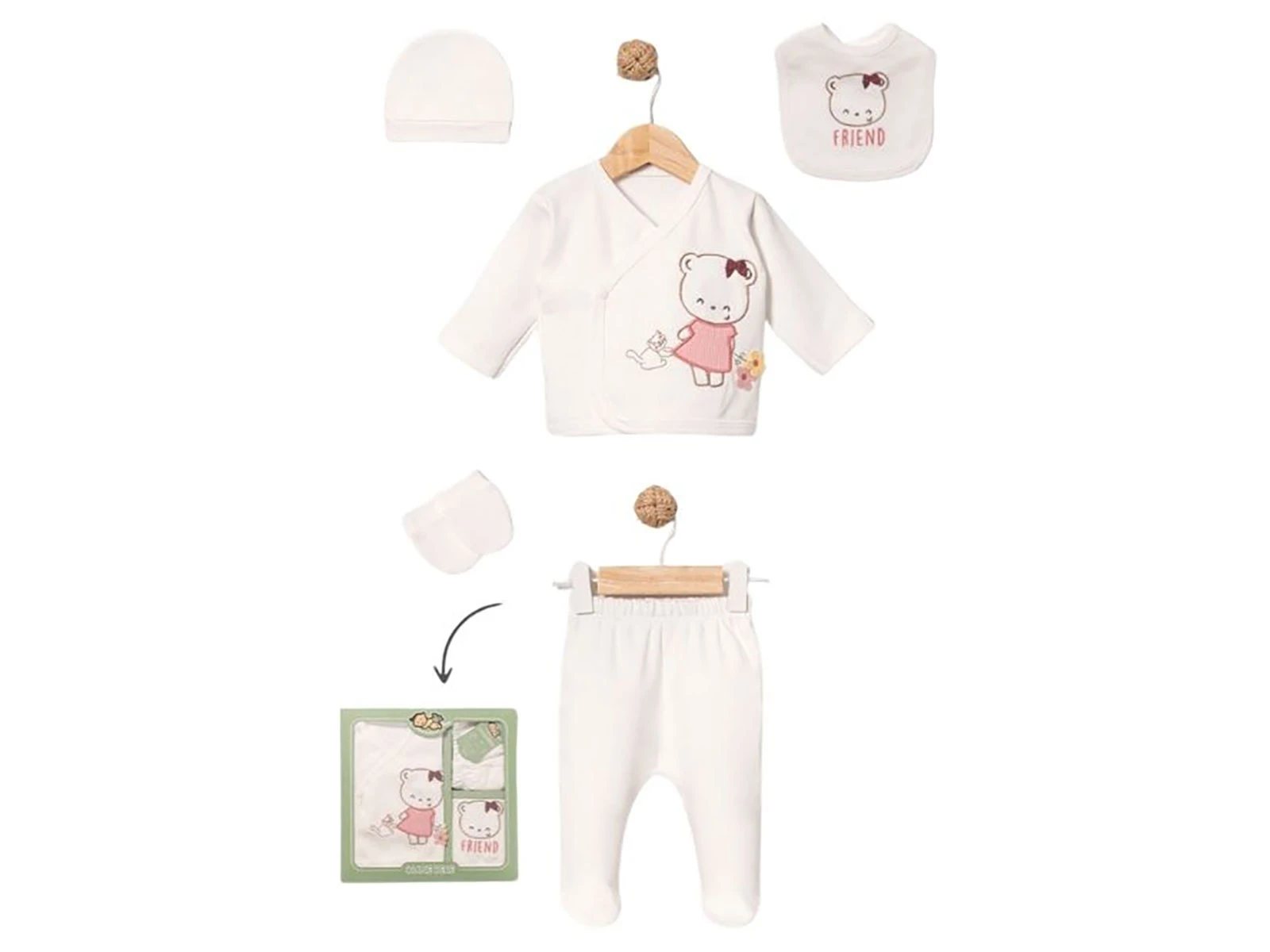 Toptan BABY ZUHU Ayıcık Detay 5'li Hastane Çıkışı Kız Bebek Zıbın Set Toptan Bebek Çocuk Giyim - Beniz Kids