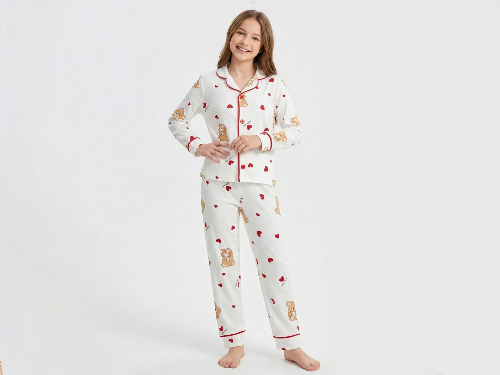 Ayıcık Kalp Desenli Yakalı Düğmeli Kız Pijama Takım