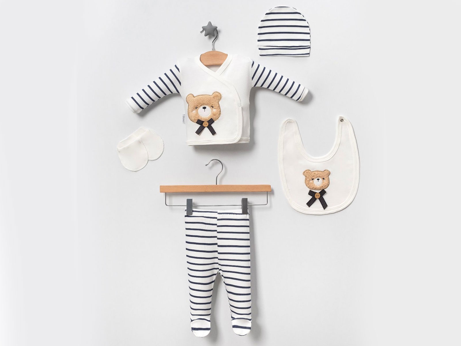 Toptan BABY ZUHU Ayıcık Nakışlı 5li Erkek Hastane Çıkışı Zıbın Set Toptan Bebek Çocuk Giyim - Beniz Kids