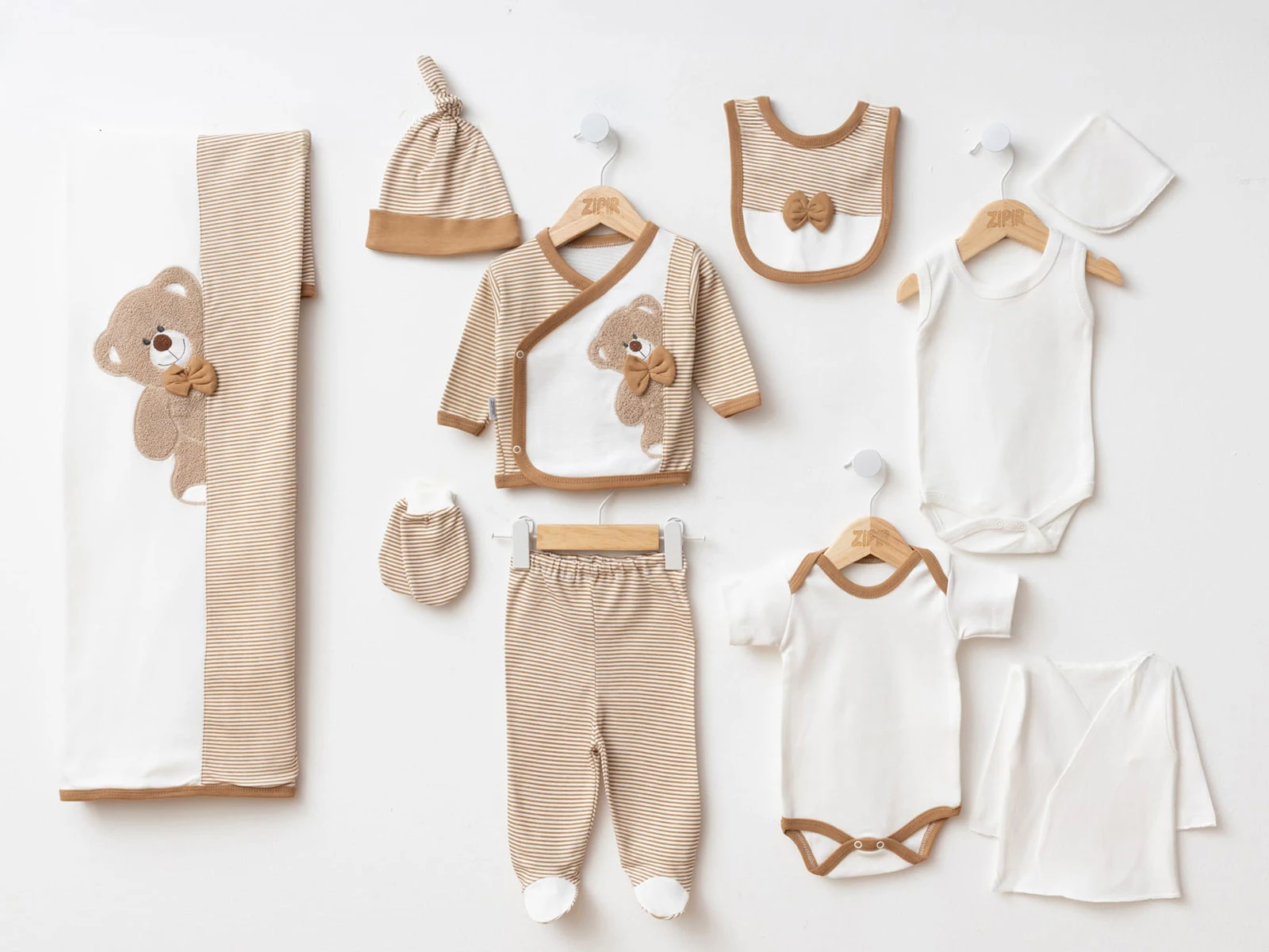 Toptan ZIPIR Ayıcık Nakışlı Erkek Bebe 10lu Hastane Çıkış Set Toptan Bebek Çocuk Giyim - Beniz Kids
