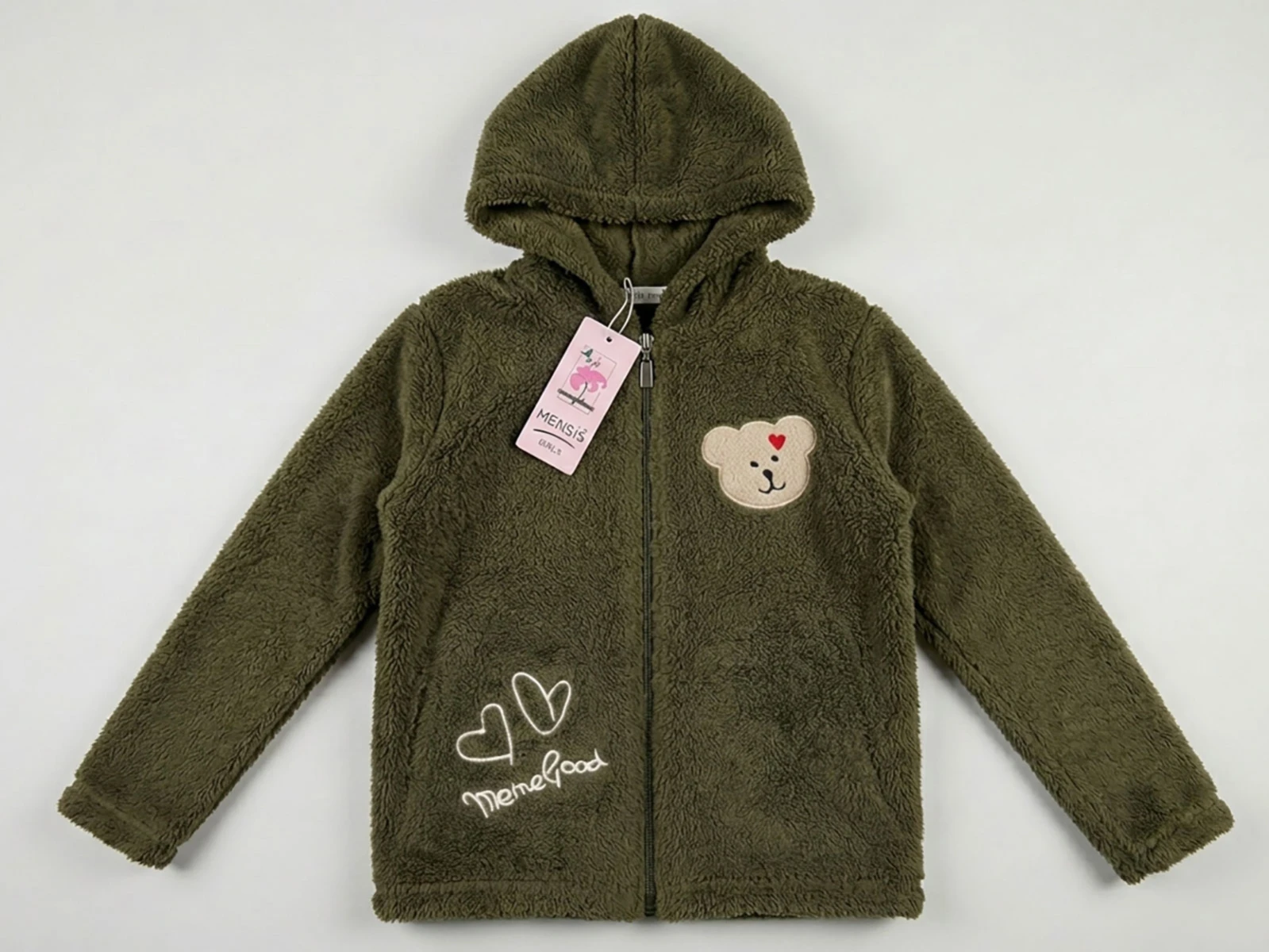 Toptan MENSİS Ayıcık Nakışlı Kapşonlu Welsoft Peluş Kız Hırka Toptan Bebek Çocuk Giyim - Beniz Kids