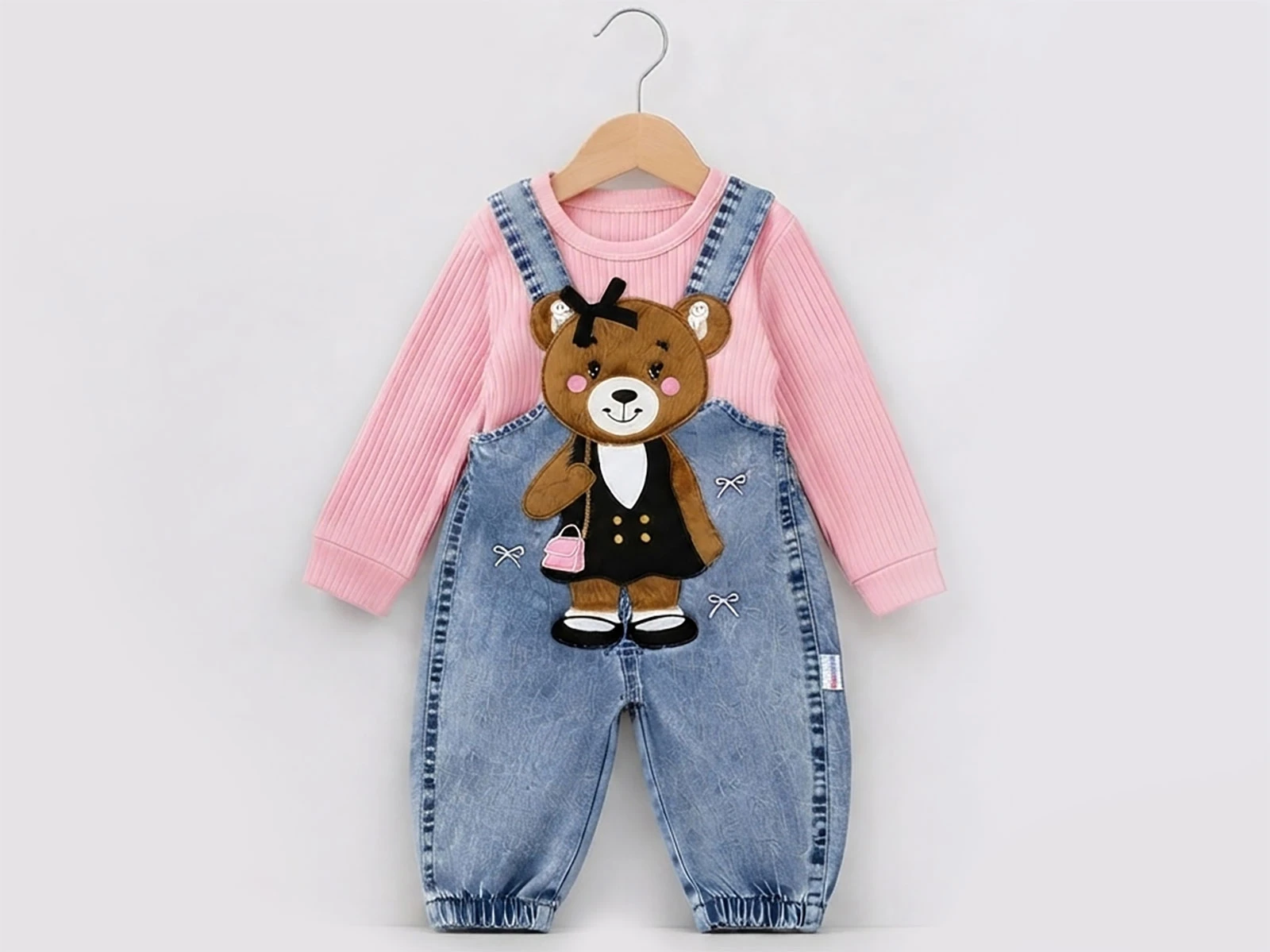Toptan BABY İCON Ayıcık Nakışlı Kız Bebek Kot Salopet Set Toptan Bebek Çocuk Giyim - Beniz Kids