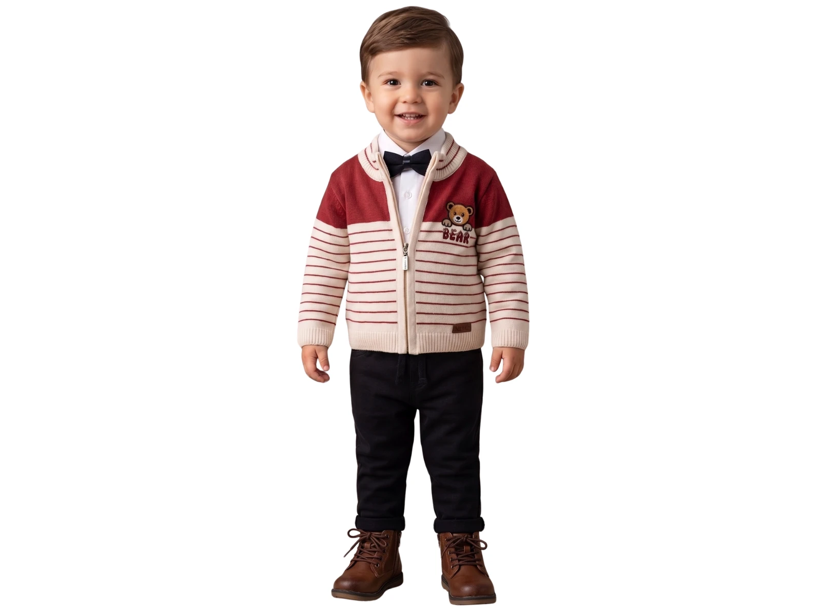 Toptan NOWA Ayıcık Nakışlı Papyonlu Triko Hırkalı Erkek Bebe Üçlü Takım  Toptan Bebek Çocuk Giyim - Beniz Kids