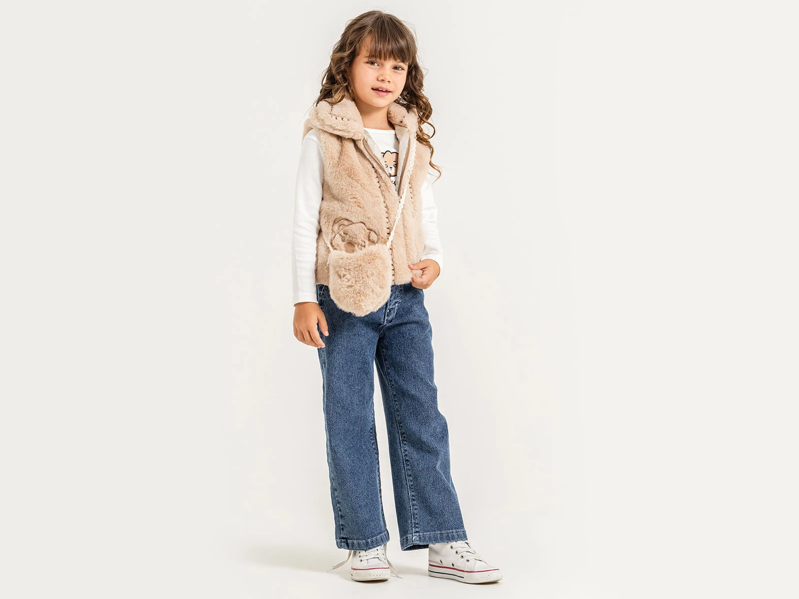 Toptan PAMPAL KİDS Ayıcık Nakışlı Peluş Yelekli Çantalı Üçlü Kız Takım Toptan Bebek Çocuk Giyim - Beniz Kids