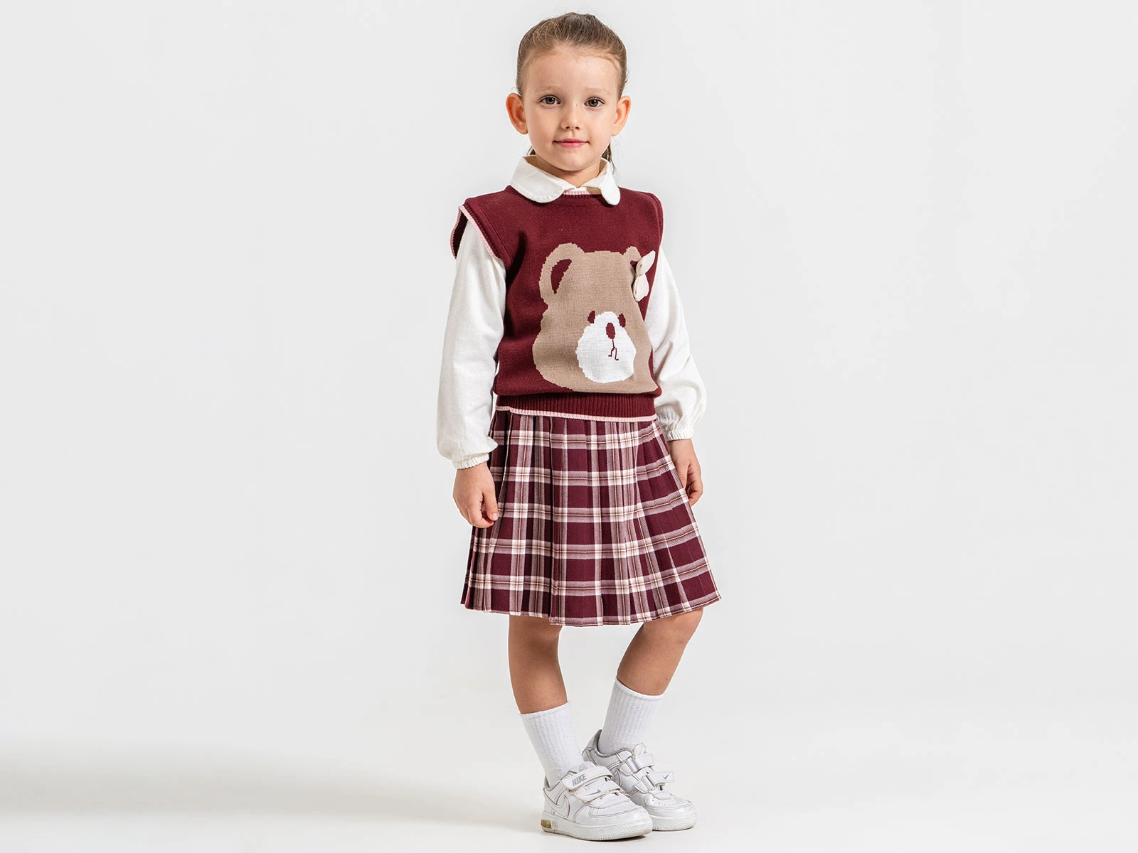 Toptan ECOLKIZ Ayıcık Nakışlı Süveterli Fiyonk Detaylı Kız Üçlü Takım  Toptan Bebek Çocuk Giyim - Beniz Kids