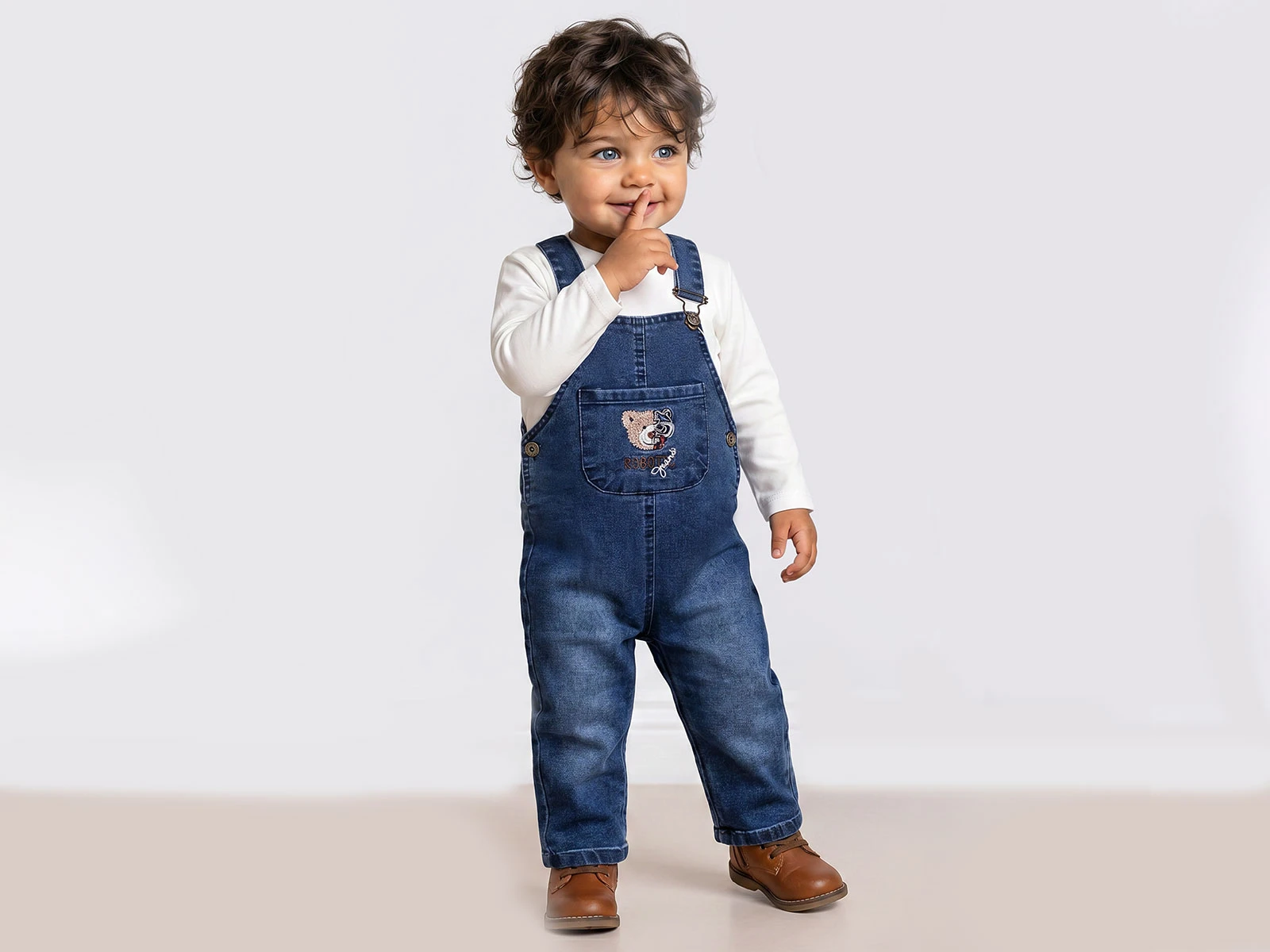 Ayıcık nakışlı Erkek Bebek İkili Kot Salopet Set