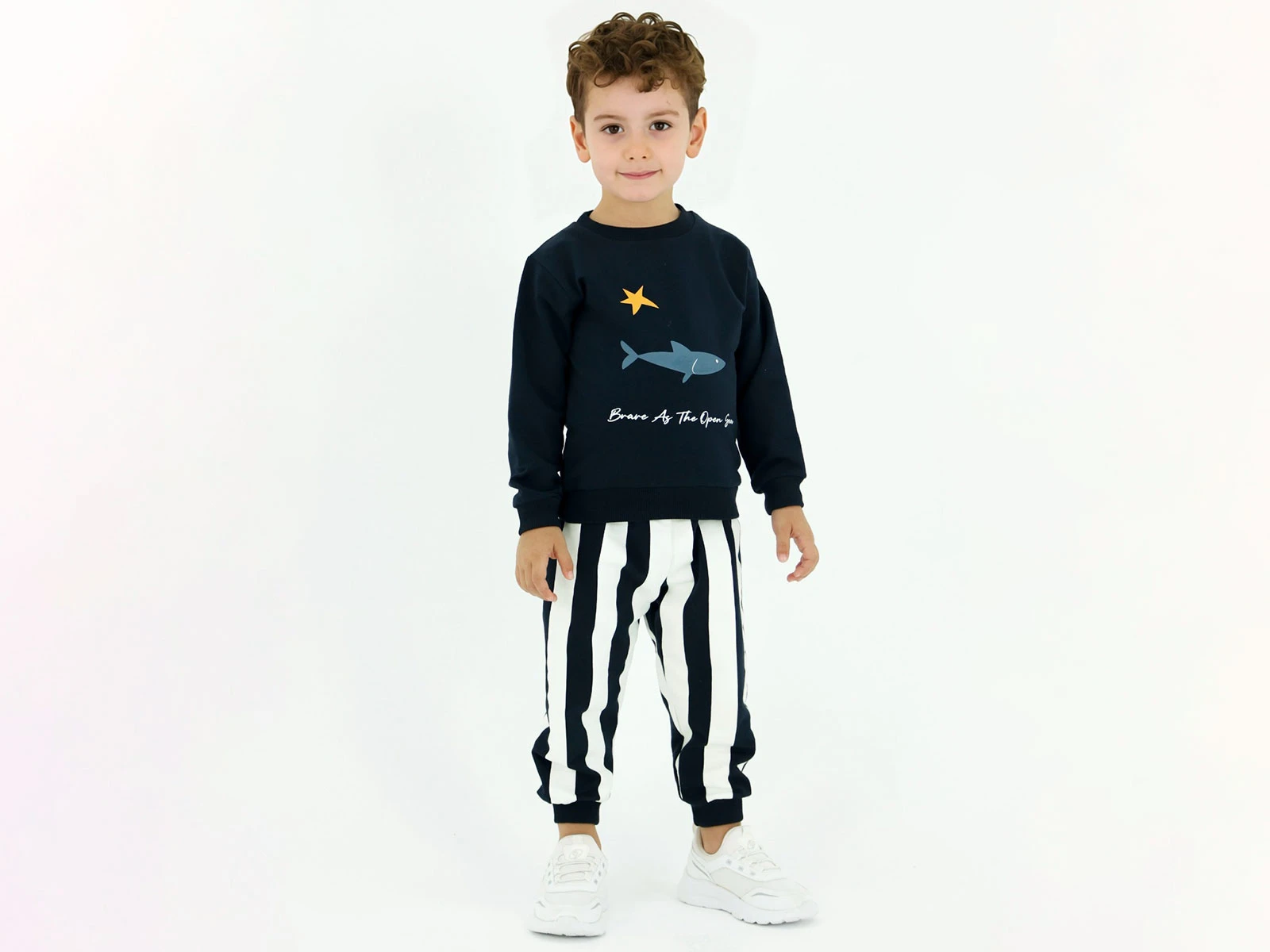 Toptan BICIR KİDS Balık Baskılı Çizgili Erkek Takım Toptan Bebek Çocuk Giyim - Beniz Kids