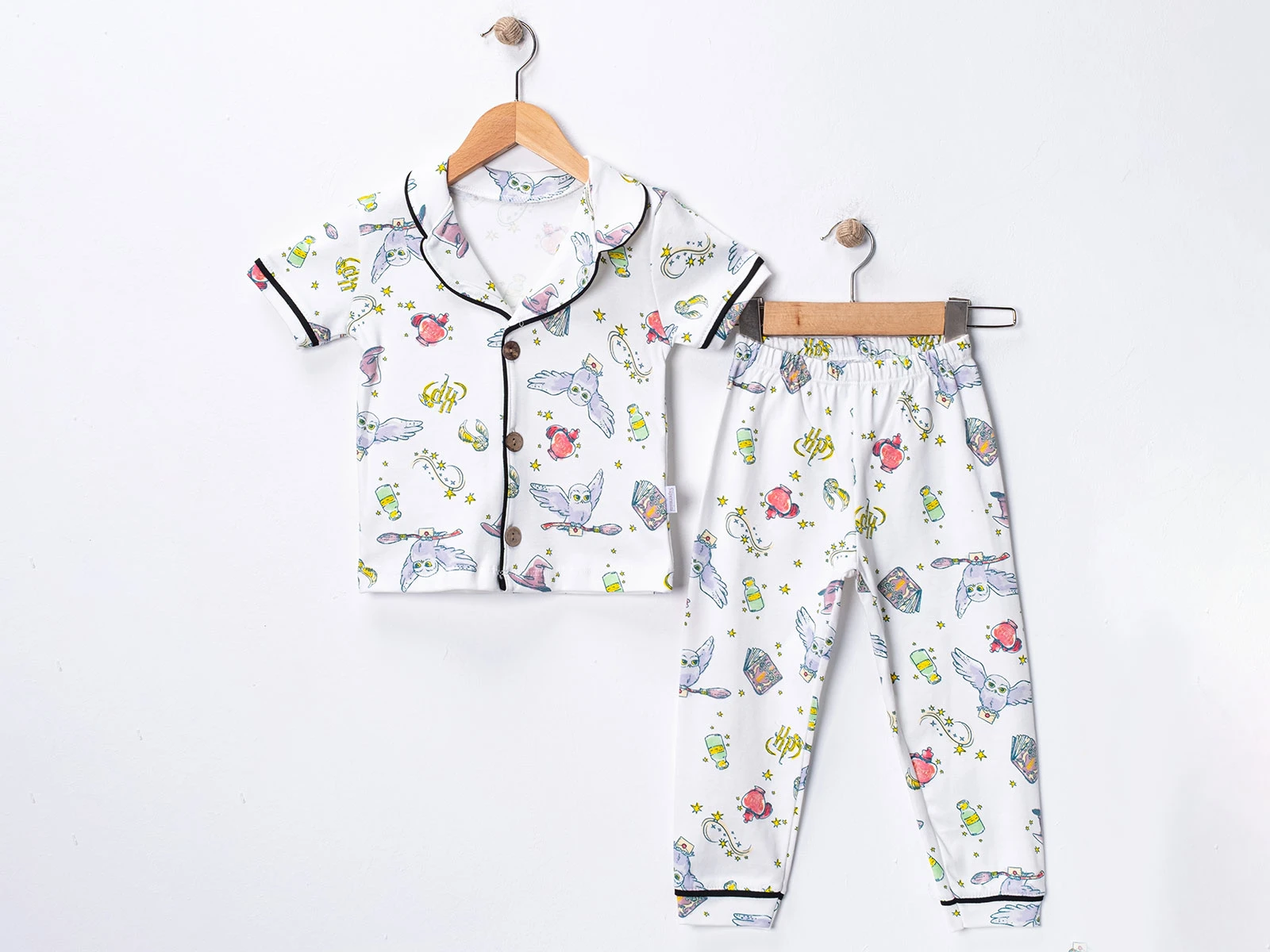 Baykuş Desenli Yakalı Düğmeli Kız Pijama Takım