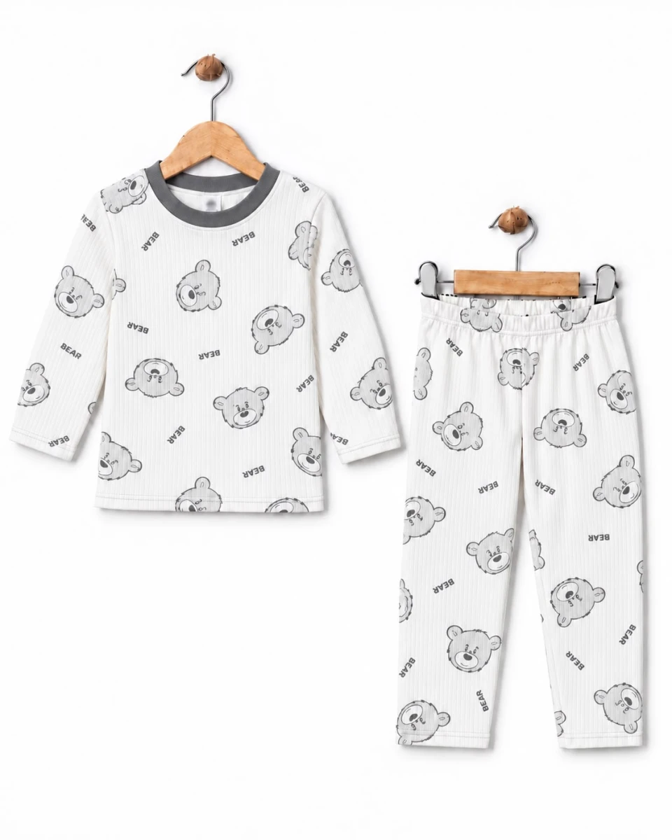 Toptan SÜPERMİNİ Bear Baskılı Erkek Çocuk Pijama Takımı Toptan Bebek Çocuk Giyim - Beniz Kids