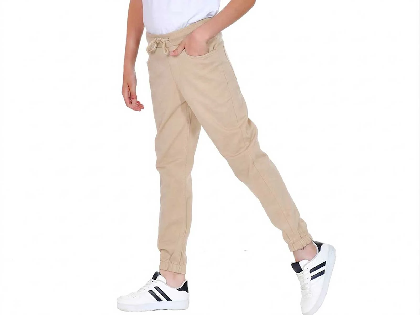 Bej Renk Lastikli Paça Unisex Okul Keten Pantolon 