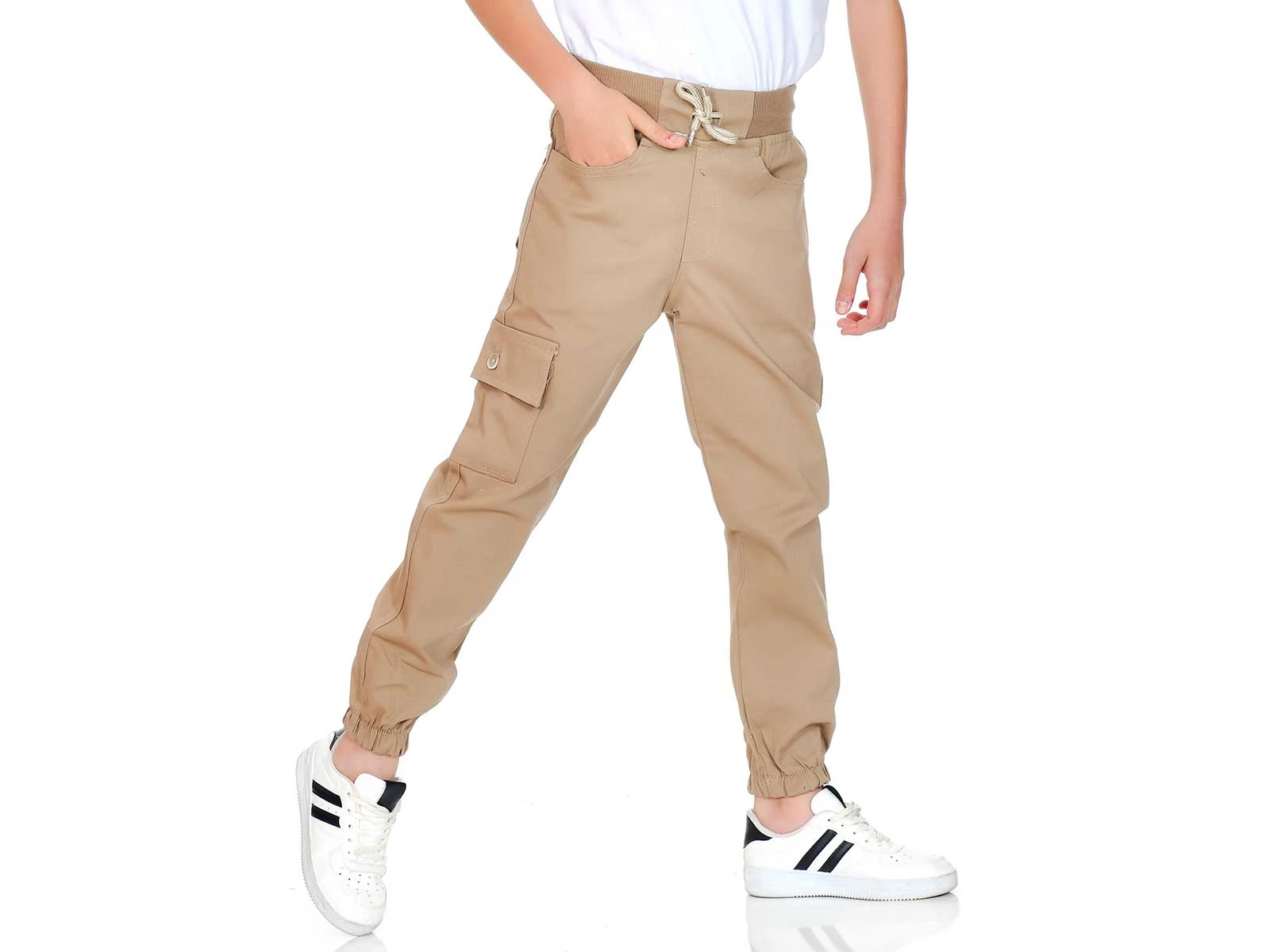 Bej Renk Lastikli Paça Unisex Okul Keten Pantolon 