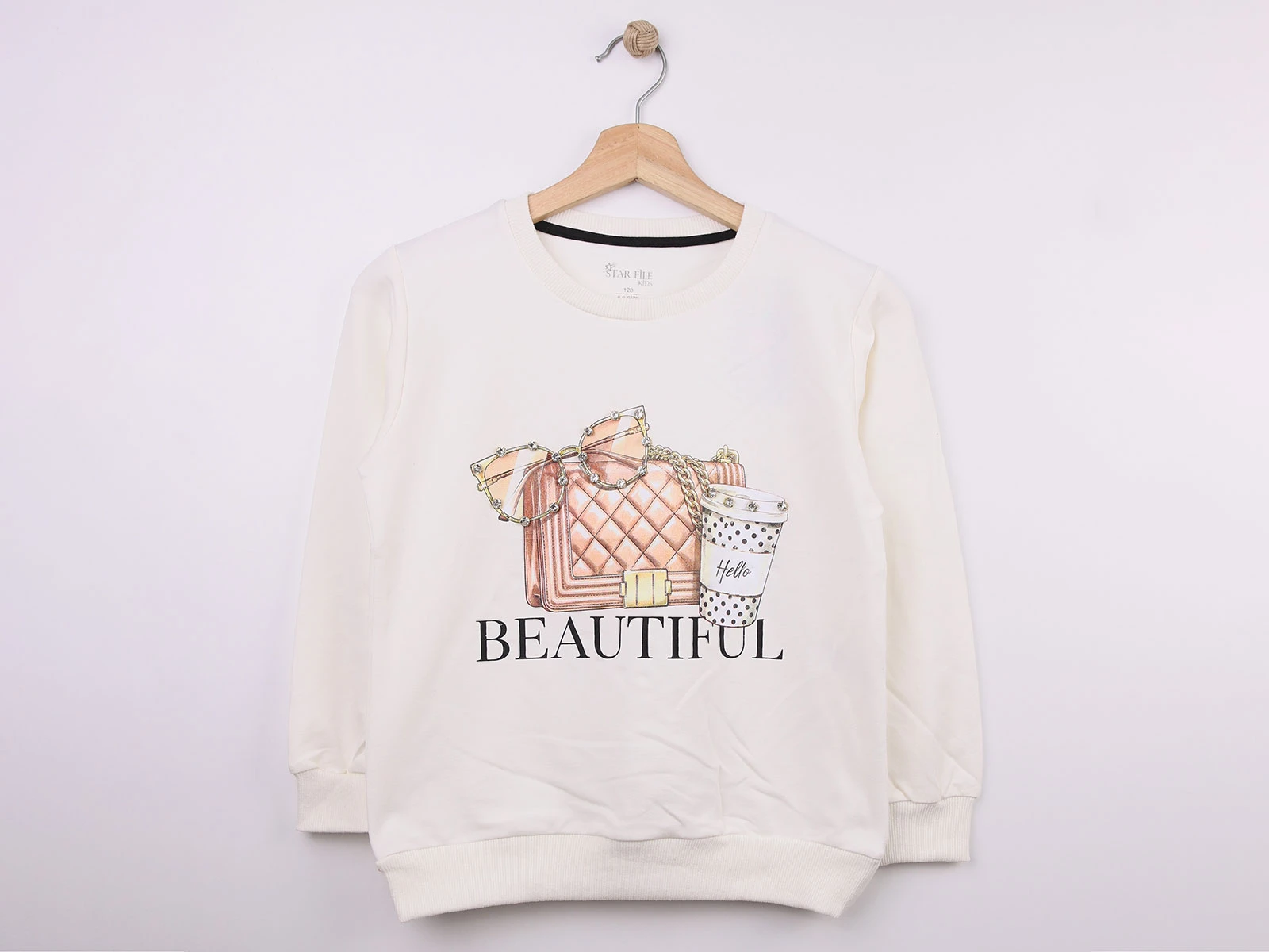 Toptan STAR FİLE Çanta Baskılı Taş Detaylı Kız Sweat Toptan Bebek Çocuk Giyim - Beniz Kids