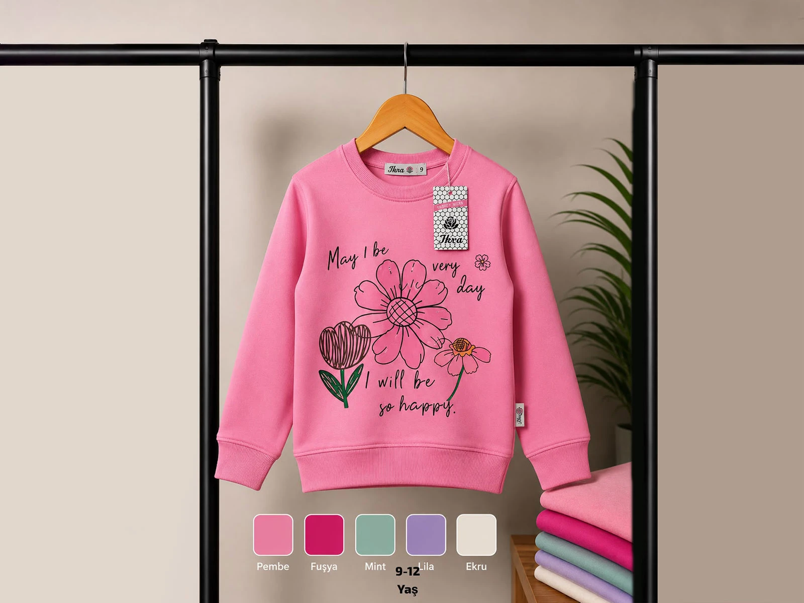 Toptan SFK TEKSTİL (İKRA) Çiçek Baskılı 2 İp Şardonsuz Kız Sweat  Toptan Bebek Çocuk Giyim - Beniz Kids