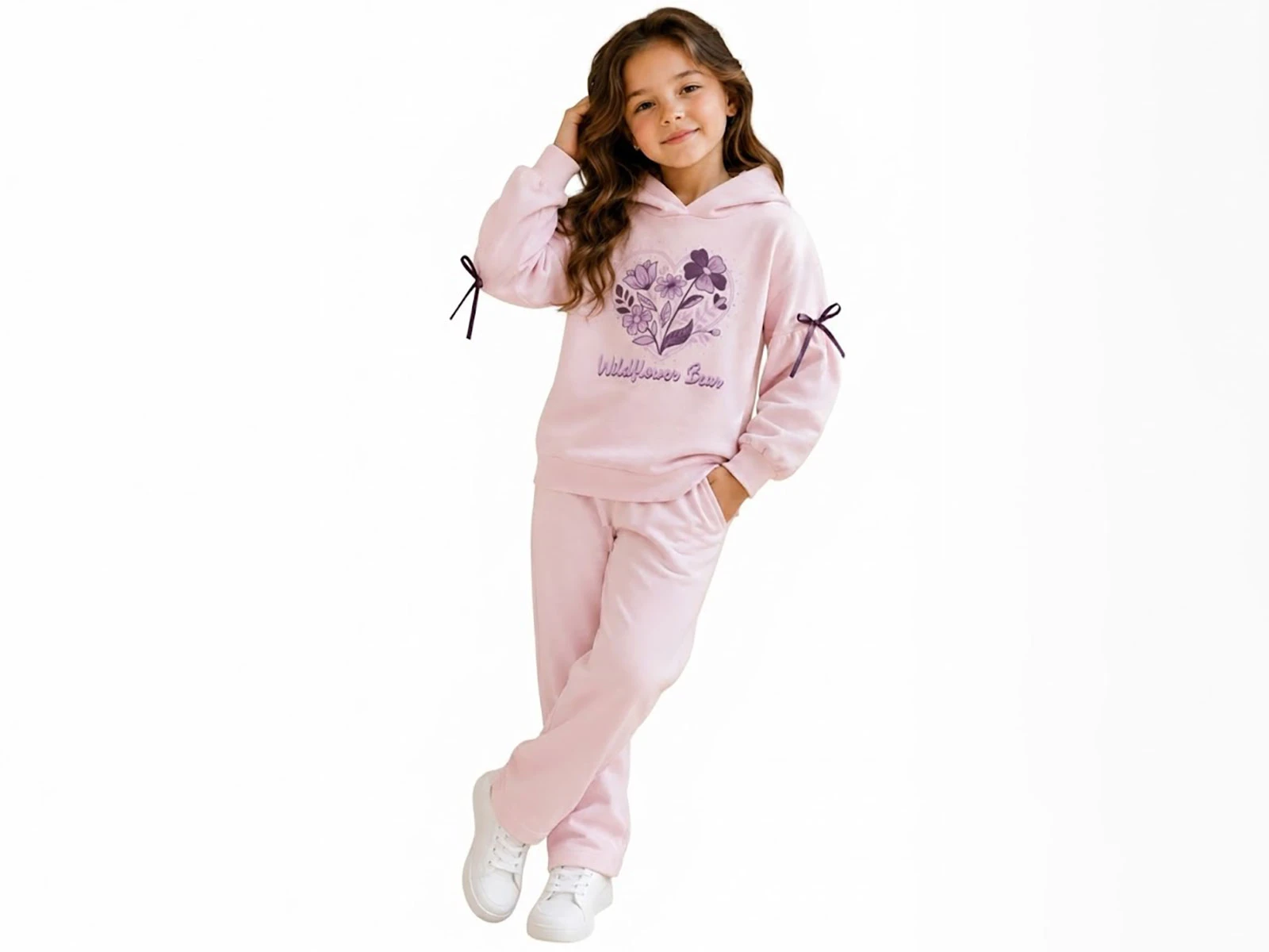 Toptan LADY GOLD Çiçek Baskılı Fiyonk Detaylı Kapşonlu Kız Takım  Toptan Bebek Çocuk Giyim - Beniz Kids