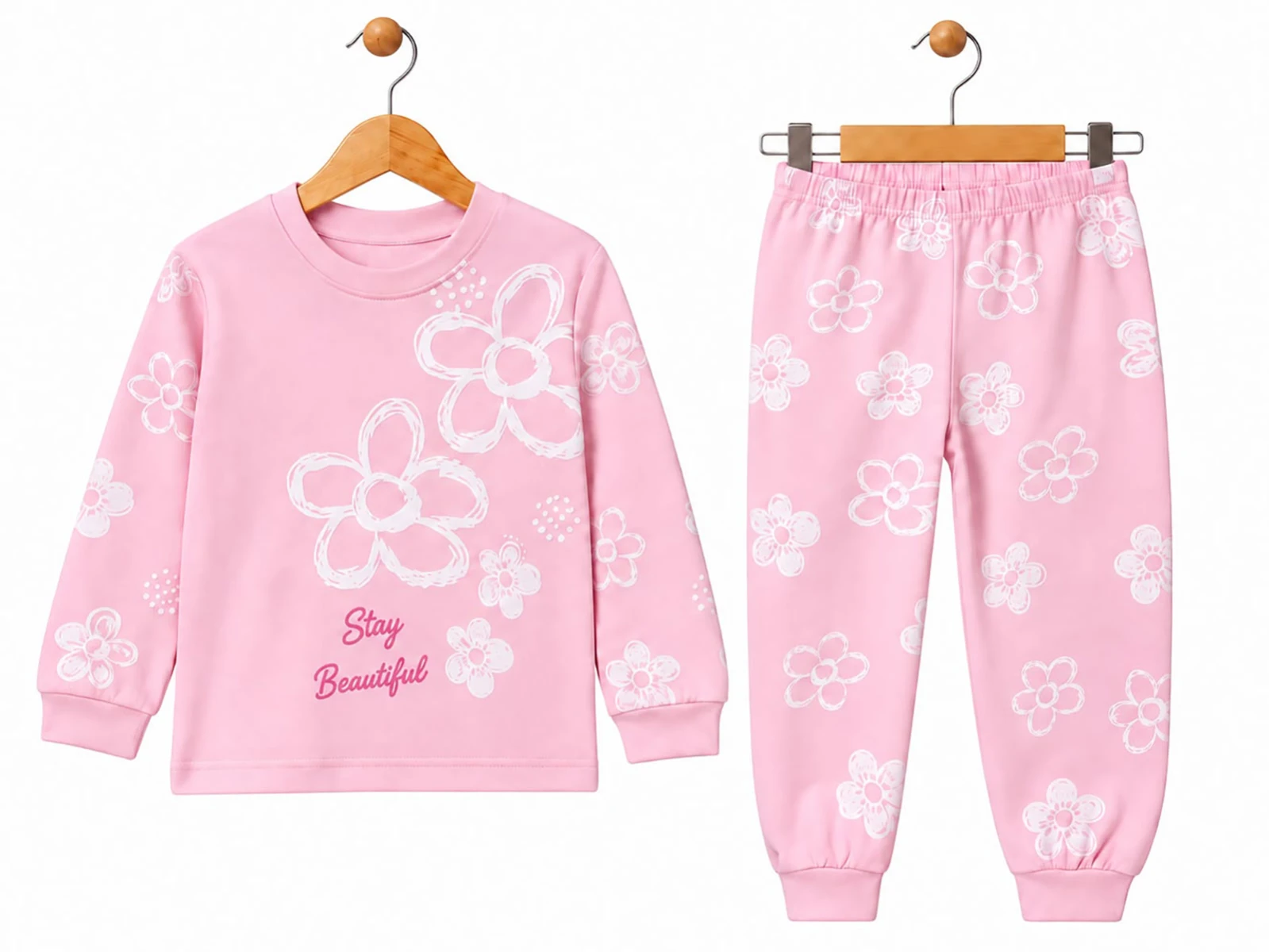 Toptan SÜPERMİNİ Çiçek Baskılı Kız Çocuk Pijama Takımı Toptan Bebek Çocuk Giyim - Beniz Kids