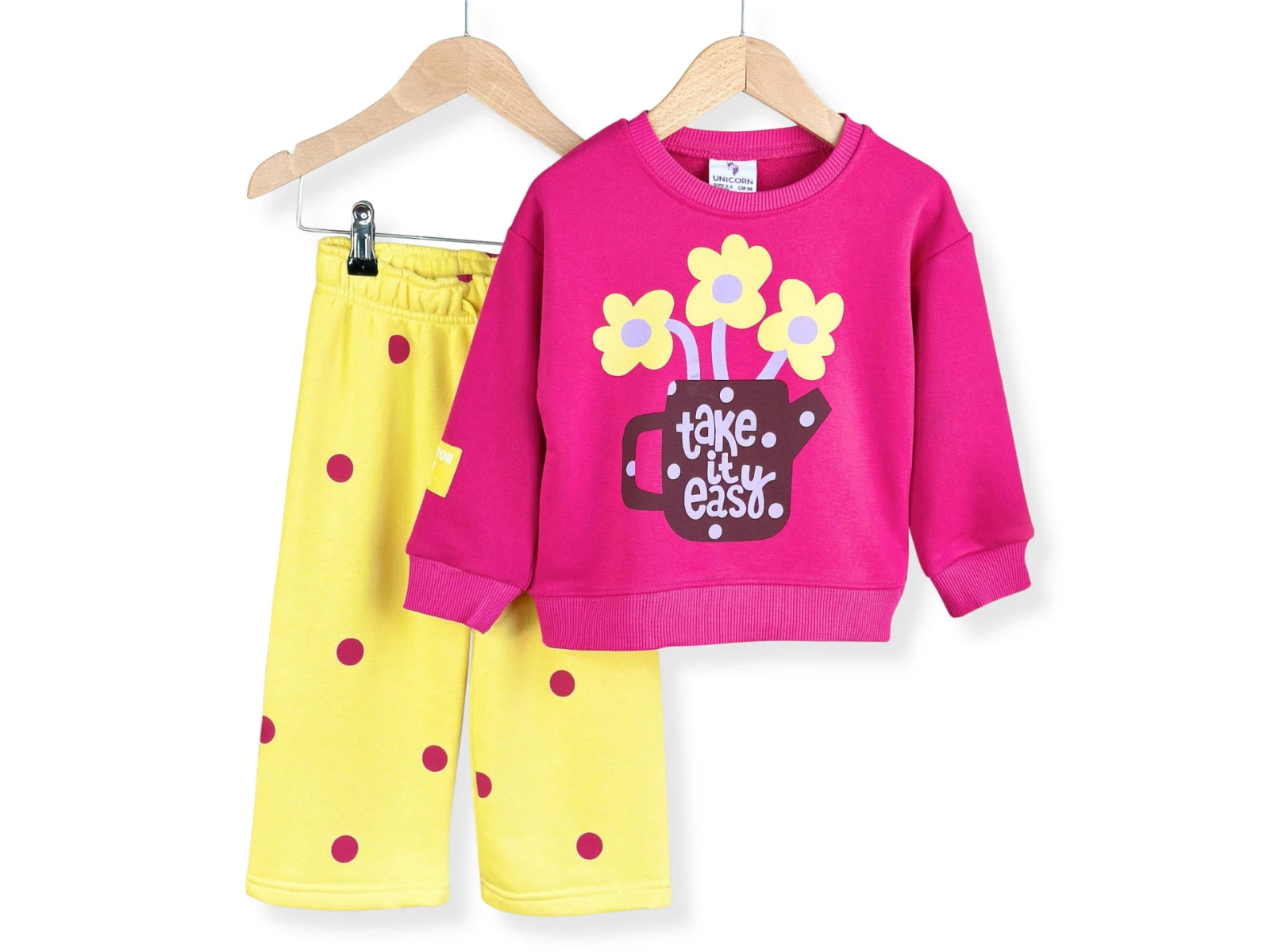 Toptan UNİCORN Çiçek Baskılı Şardonsuz 3 İp Kız Takım Toptan Bebek Çocuk Giyim - Beniz Kids